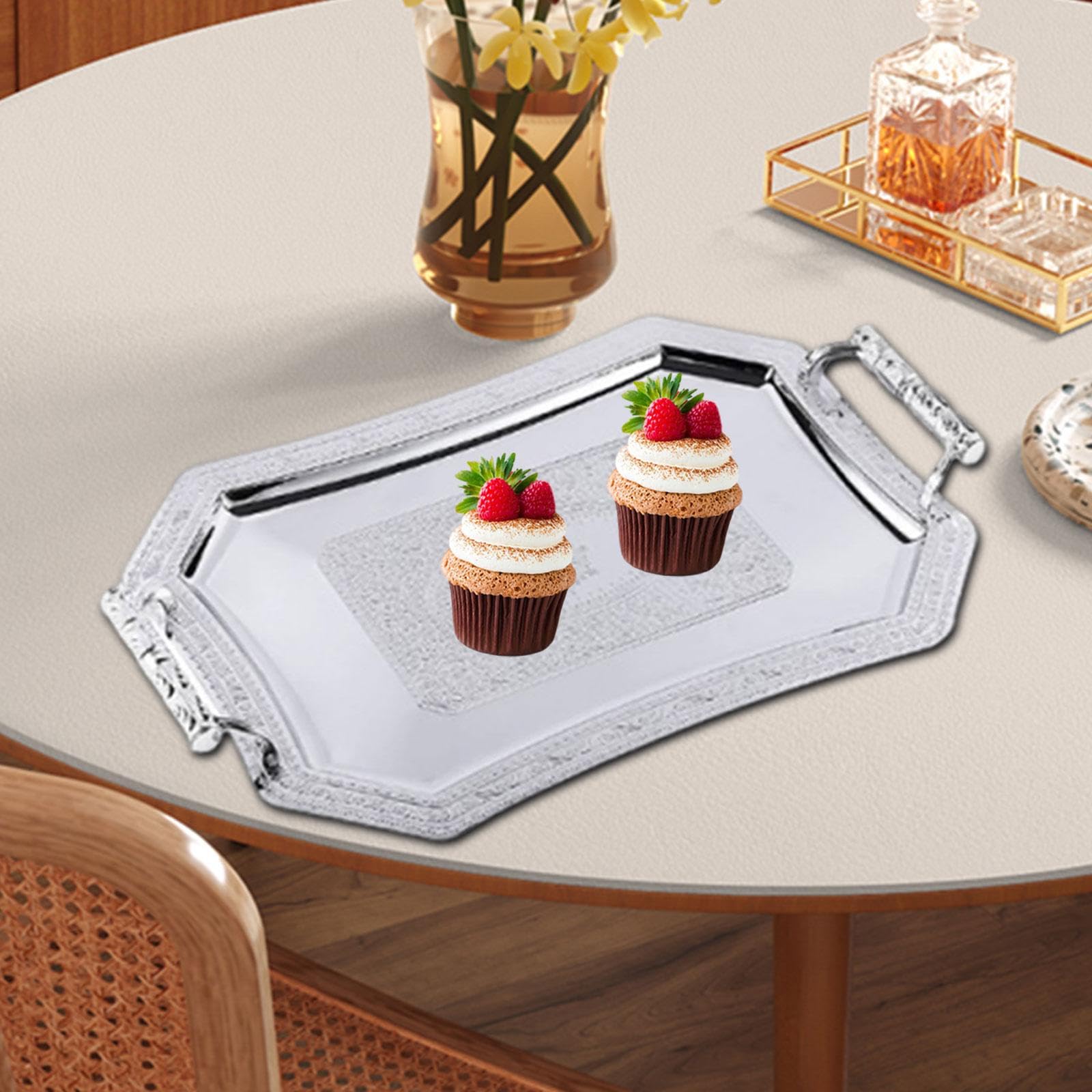 Bandeja de servicio multifuncional plateada elegante para cenas, bodas y eventos, bandeja de té perfecta para el hogar y entretenimiento