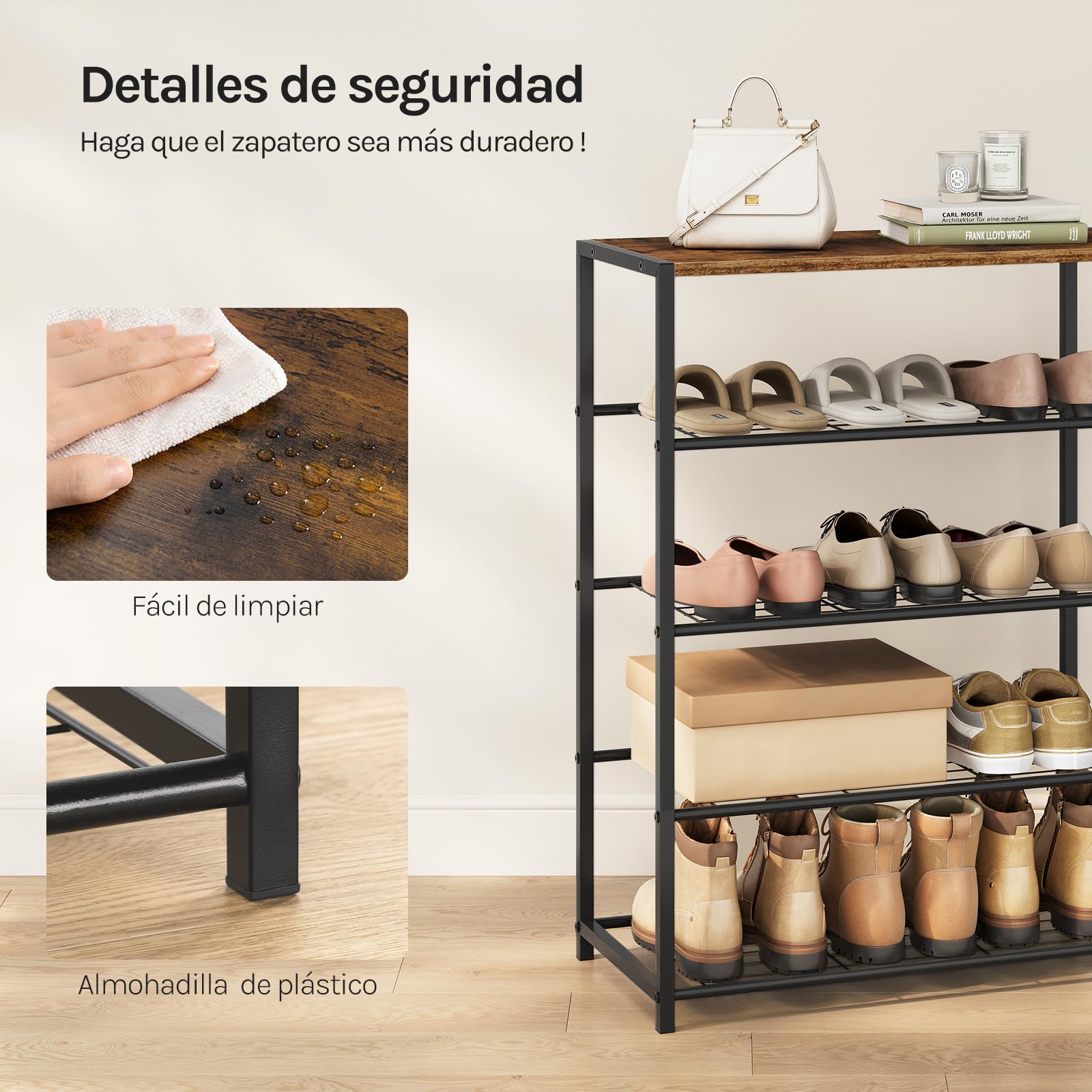 WOLTU Banco para Zapatos, Estante de Zapatos de 4 Niveles de 12 Pares de Zapatos, Marco de Metal, Asiento de Madera, para Recibidor Entrada y Dormitorio