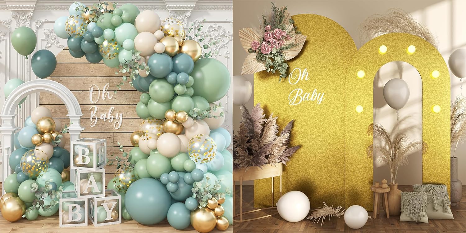 Gold Arch Backdrop Stand, Dusty Blue Sage Green Balloon Arch, 6.6FT+5.5FT Backdrop Arch Stand Frame with Lights, 2 Set Round Top Balloon Party Arch Background for Birthday Baby Shower Graduation Decor