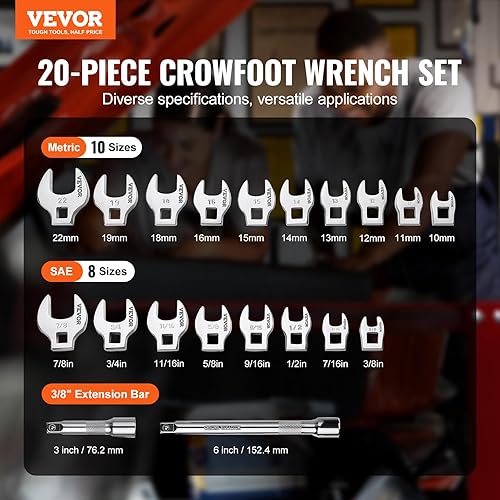 Miniatura 2 de VEVOR Crowfoot - Juego de llaves Crowfoot, juego de 20 llaves de pie de cuervo con 2 barras de extensión y organizador de herramientas EVA, SAE