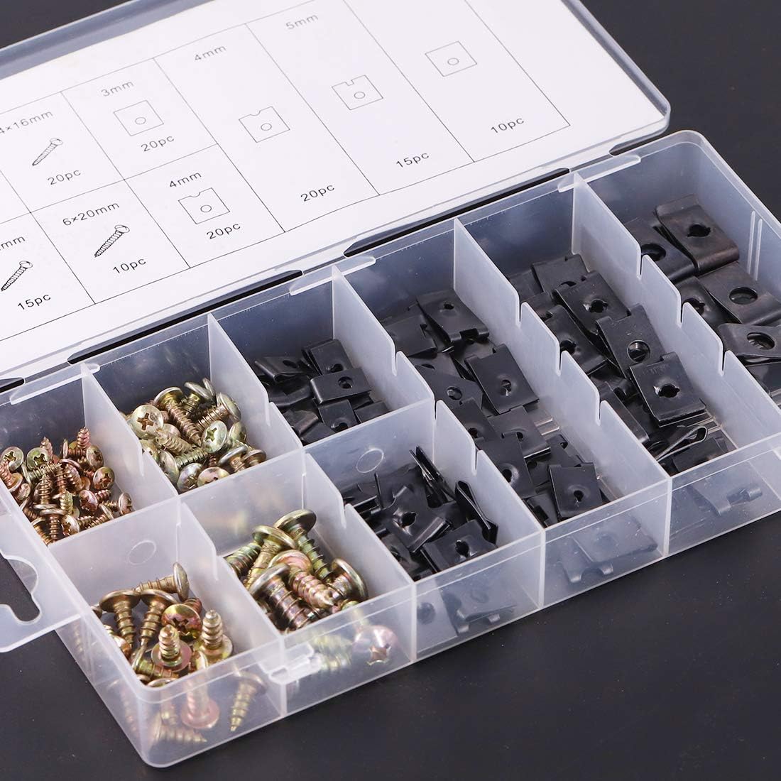 Hilitchi 170 Pcs 9 Popular Sizes Black Phosphate Finish U Nut U Clips with Zinc Plated Phillips Screws Rust Resistant Assortment Kit image 5
