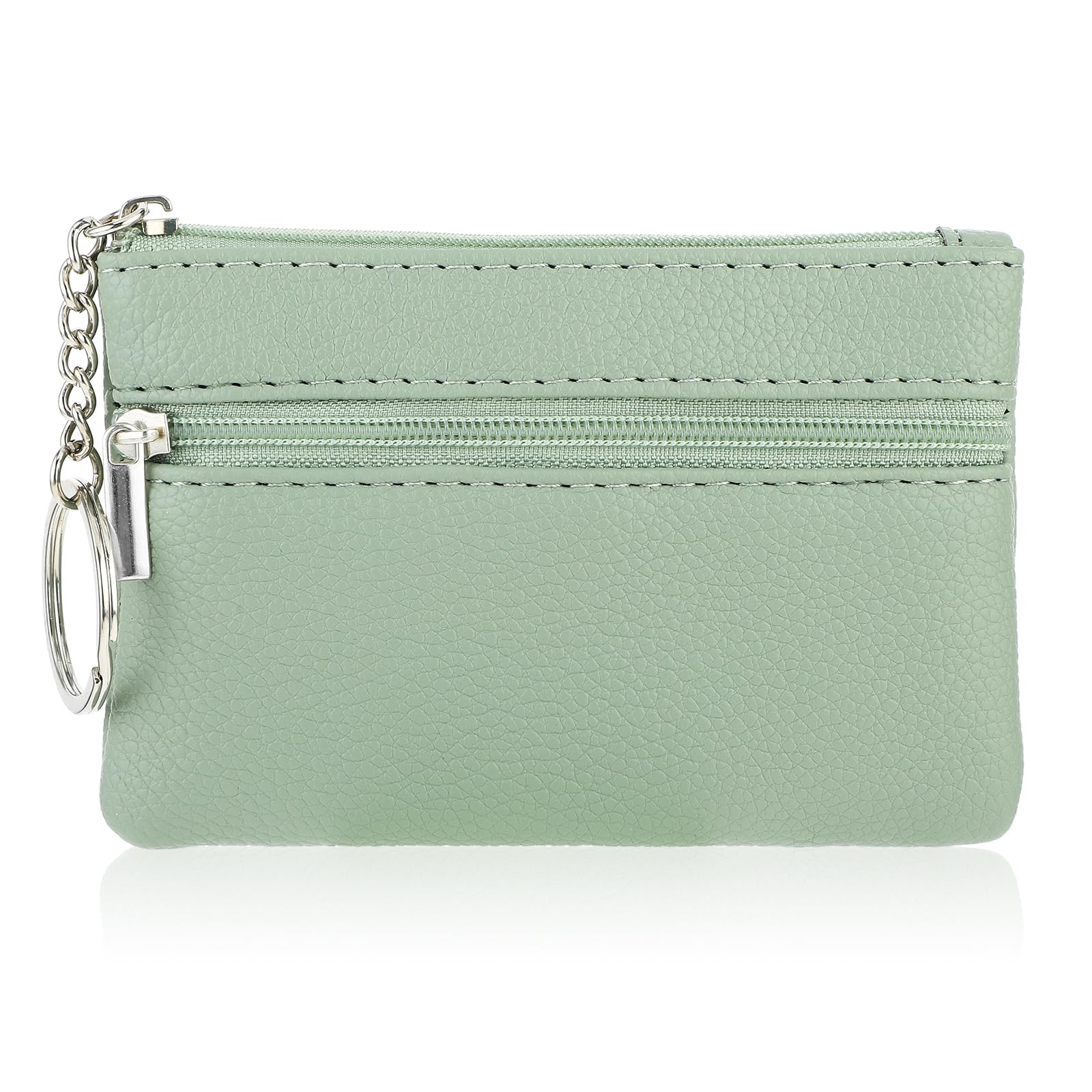 simarro Women Coin Purse, Solid PU Lychee Pattern Zip Mini Coin Purse With Key Ring Portable Change Wallet Mini Coin Pocket for Women Double Zipper Card Holder Wallet (Fantasy Green)