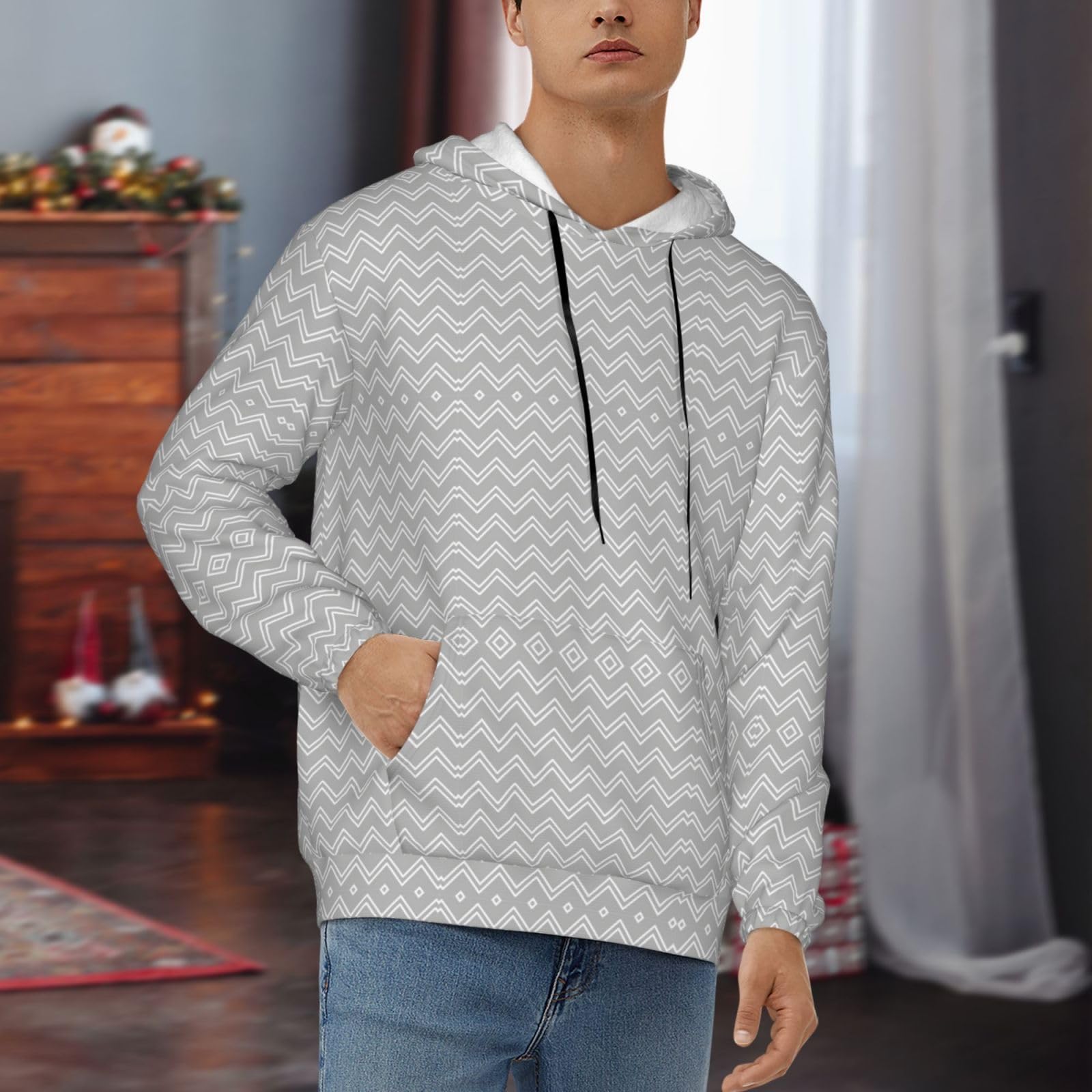 Męska bluza z kapturem w szare paski, swobodny nadruk graficzny sweter z kapturem koszule z kieszenią