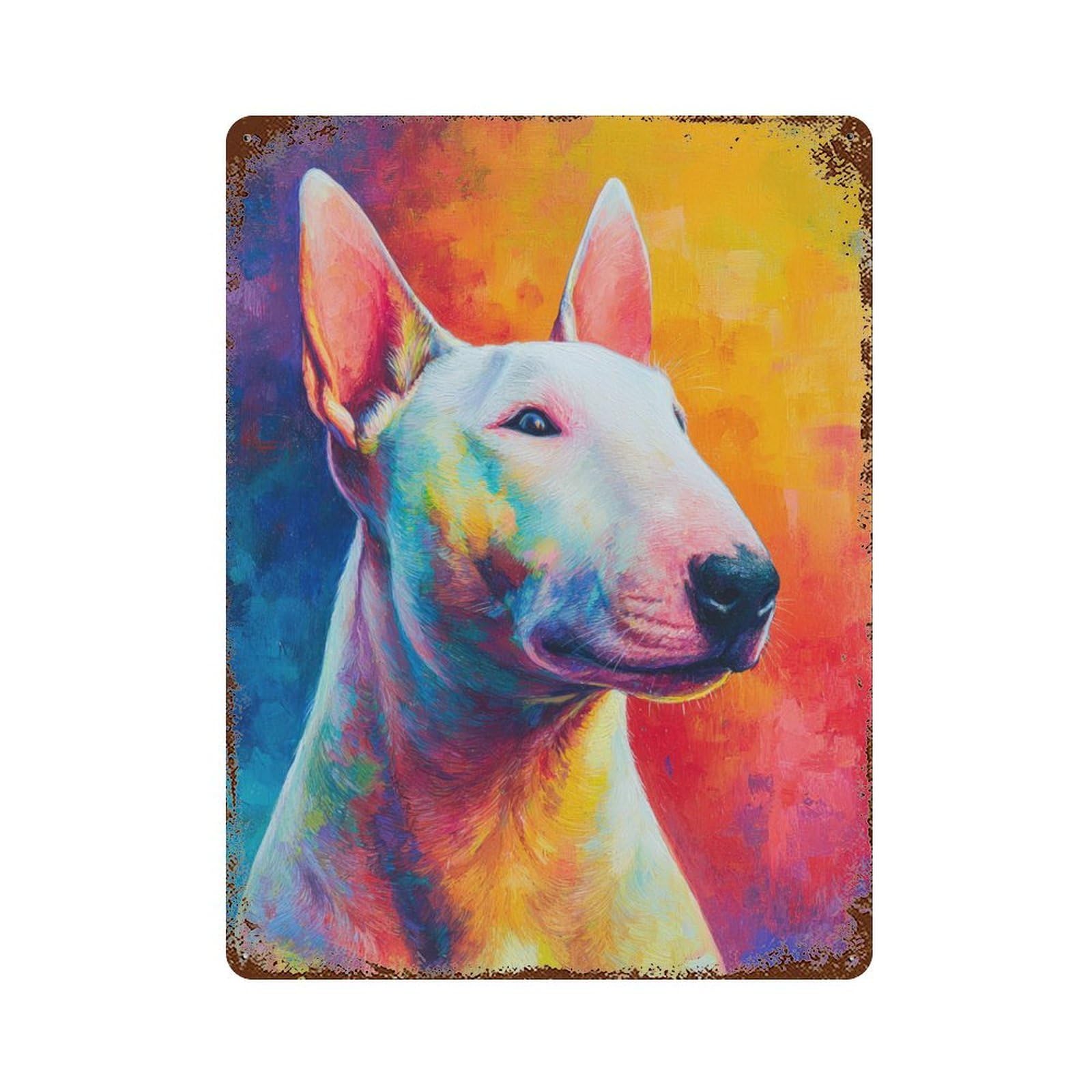 Garage Style Colorful Bull Terrier Painting-1 Rust Effect Tin Sign 15.7"x11.8", Classic Wall Plaque for Bar And Workshop