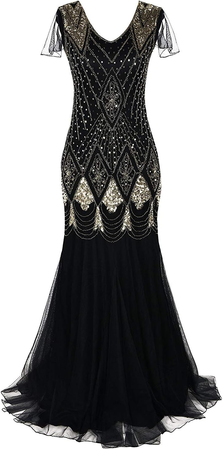 Womens 1920s Long Prom Gown Beaded Sequin Mermaid Evening Dress Great Gatsby Dresses for Women