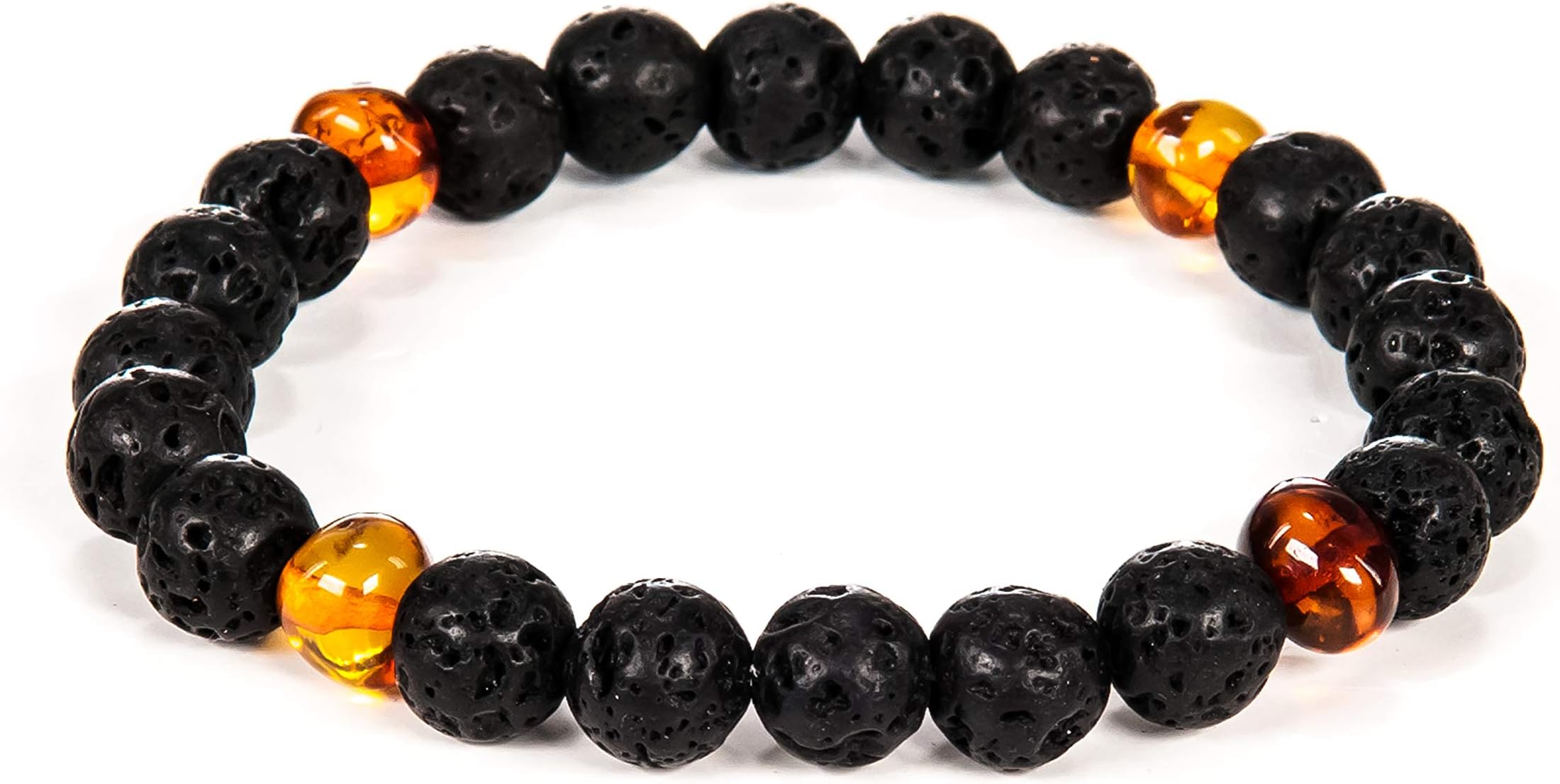 Natural Baltic Amber - Lava Bracelet for Adults (Women/Men) - Hand made From Lava and Polished/Certified Baltic Amber Beads(3 Colors- 2 Sizes) (BLACK LAVA BEADS - COGNAC AMBER BEADS, 7)