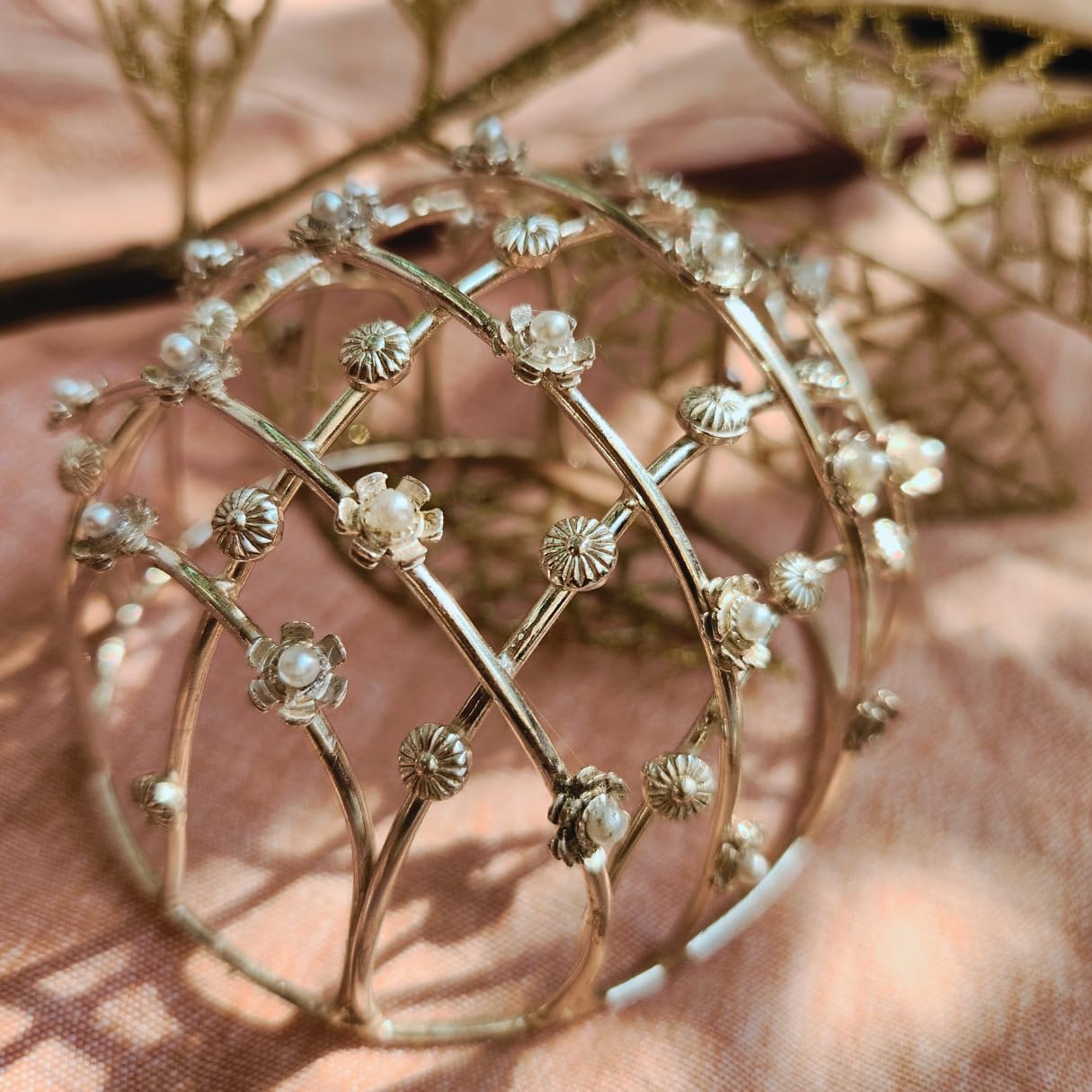 VIANA JEWELS Hair Bun Cage Accessory for Women | Handcrafted Brass Juda Cover with Stick | Anti-Tarnish Traditional Hair Accessory for Wedding & Festive (Pear Flower Hair Bun (Silver)) 4