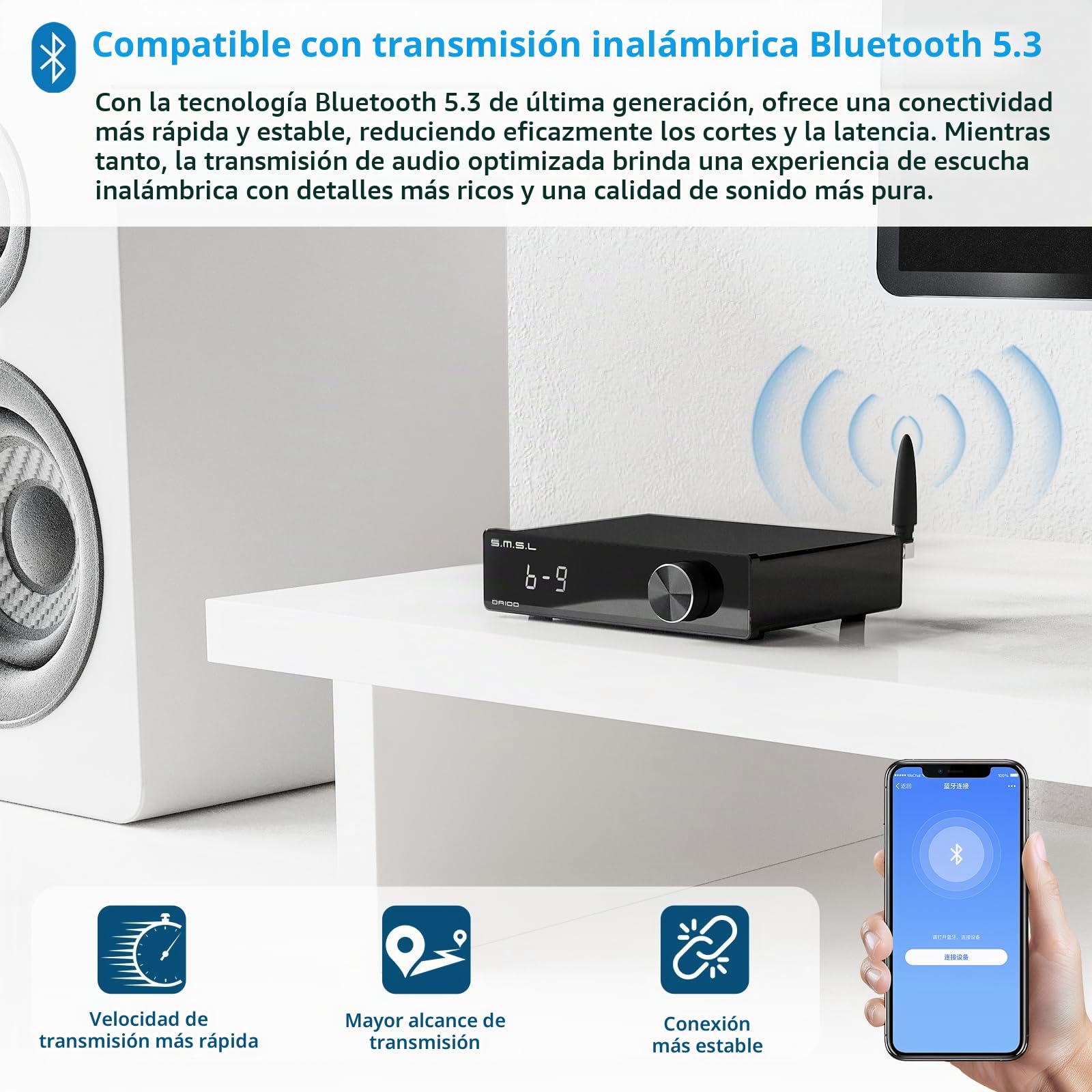 SMSL DA100 Amplificador de potencia 100W TI TAS5827 *2 Amp de Clase D Paso alto/bajo 2.1 Subwoofer Bluetooth 5.3 Control electrónico de volumen Ajuste del Amp BT/USB/HDMI (ARC)/Óptico/Entrada de línea