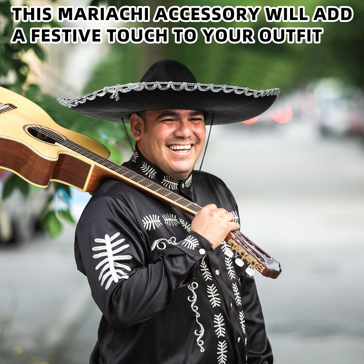 JenPen 3 Pcs Halloween Day of the Dead Mariachi Senor Adult Costume Accessory Silver Trim Black Sombrero, Bow Tie, Rose Decor