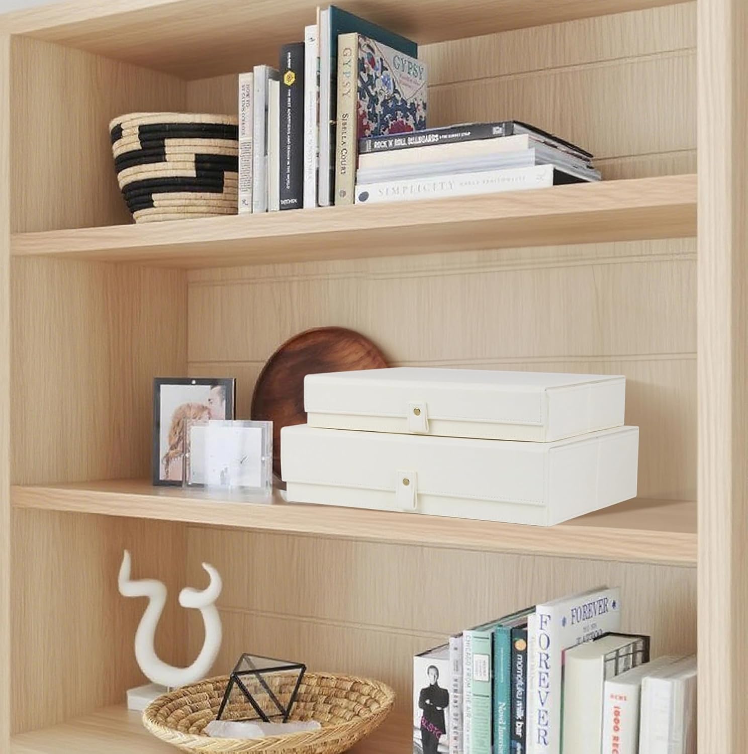 HofferRuffer Photo Storage Boxes with Dust-Proof Lid, Set of 2 Faux Leather Lidded Storage Bins, Photo, Jewelry, Scrapbooking Supplies, Keepsake Organizer for Elegant Home & Office Decor (CreamWhite)