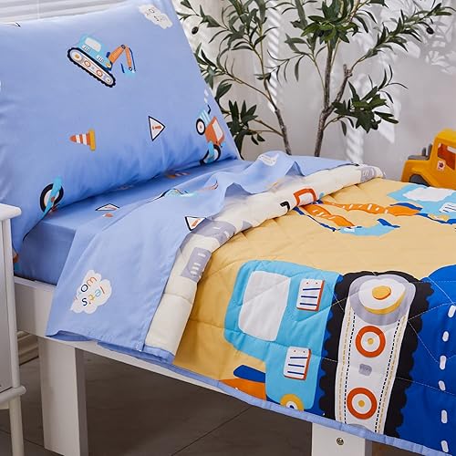 Miniatura 5 de Brandream Juego de ropa de cama para niños pequeños, diseño de vehículos excavadores de construcción, cama de guardería en una bolsa, colcha de
