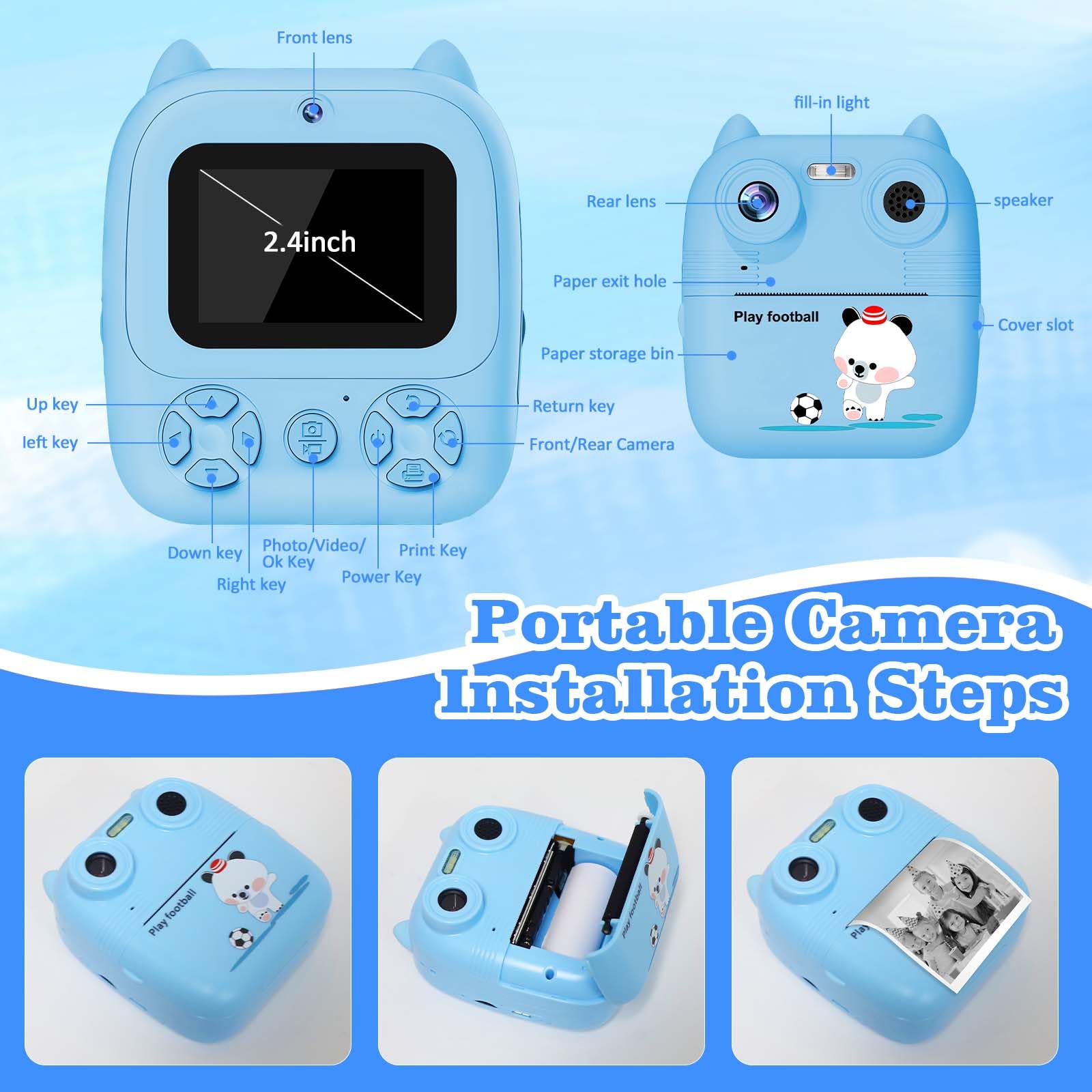 Appareil photo pour enfants à impression instantanée pour filles et garçons, appareil photo numérique HD 1080p pour enfants avec carte SD de 32 Go et papier d'impression instantanée pour