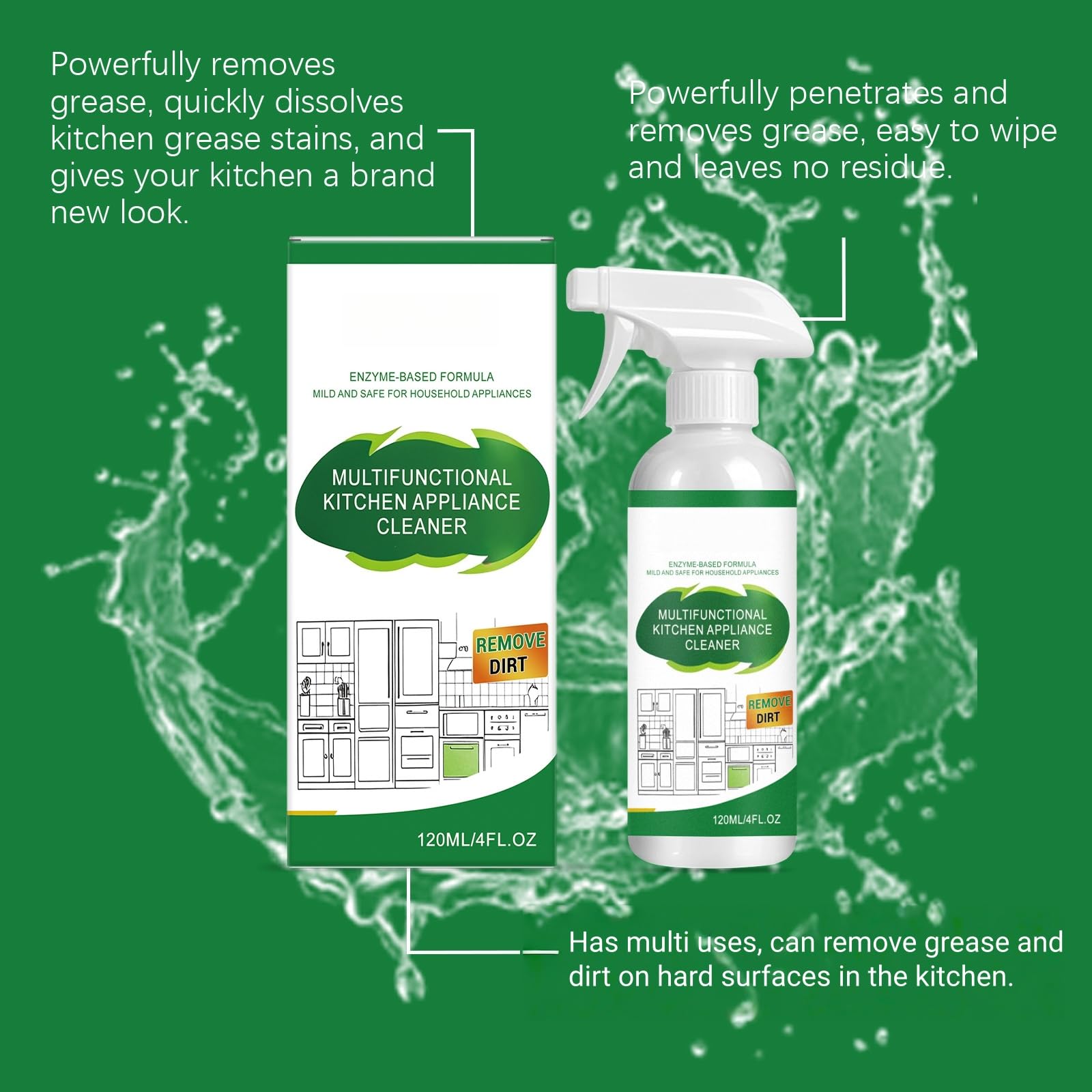 Detergente multiuso in schiuma enzimatica, potente sgrassatore e smacchiatore, potente spray detergente per elettrodomestici da cucina, rimuove le macchie ostinate di olio su fornelli e forni (6 pezzi