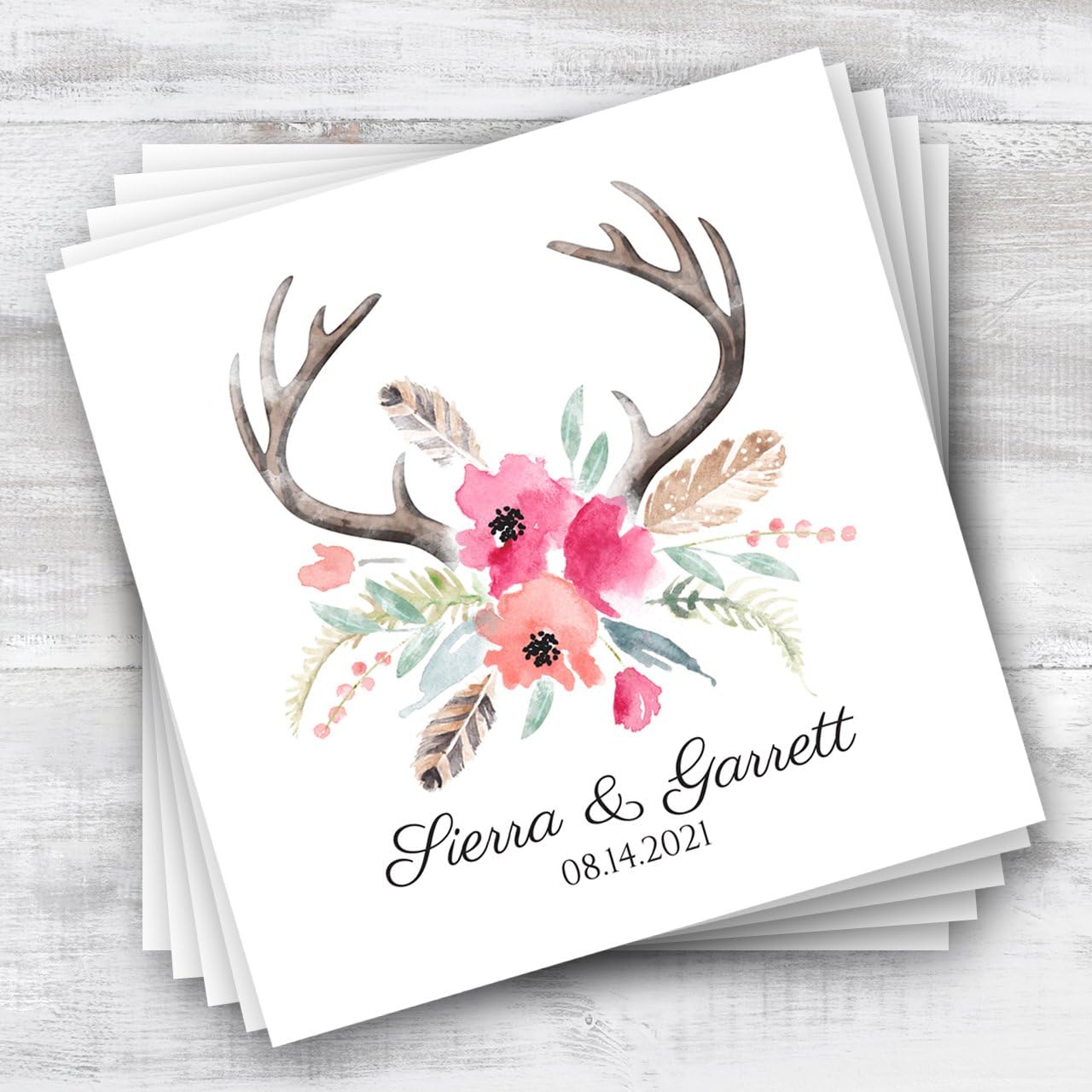Blooming Antlers Personalized Beverage Napkins / 100 Custom Printed 3 Ply Paper Napkins / 4 3/4" x 4 3/4" Square Pink Floral Feather All Occasion Party Cocktail Napkin Pack/Made In The USA