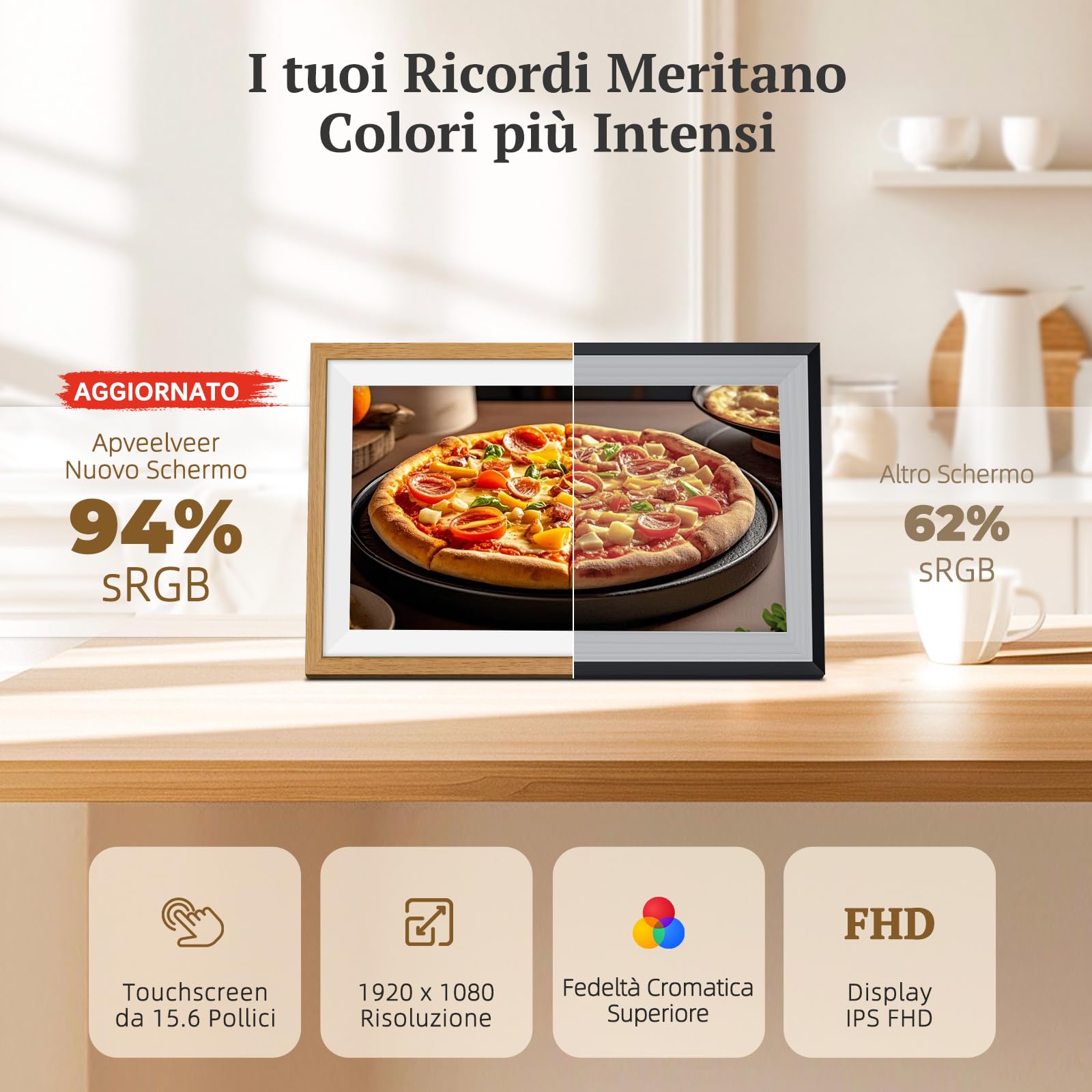 Frameo Cornice Digitale Foto Legno di Rovere 15.6 Pollici WiFi, Memoria da 32 GB, Touchscreen IPS FHD, Condividi Foto Video Tramite l'app Frameo, Regalo da Donna Uomo