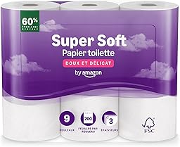 by Amazon Papier Toilette, 3 Épaisseurs Matelassé, Doux et Soyeux, 9 Rouleaux (1 Paquets de 9), 200 Feuilles par Rouleau, Certifié FSC