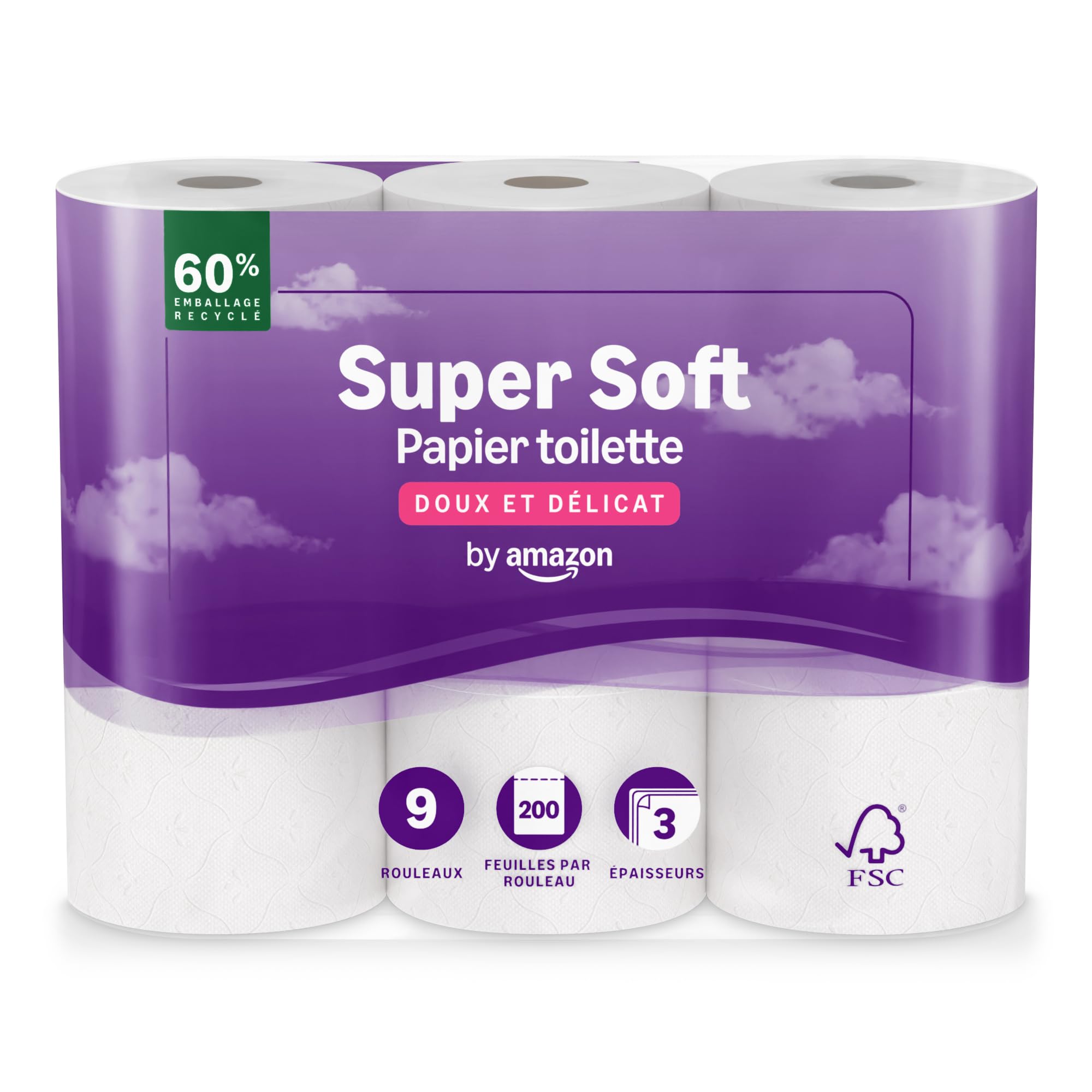 by Amazon Papier Toilette, 3 Épaisseurs Matelassé, Doux et Soyeux, 9 Rouleaux (1 Paquets de 9), 200 Feuilles par Rouleau, Certifié FSC