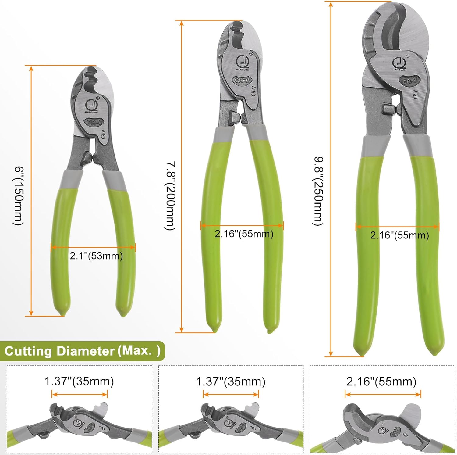 HARFINGTON 3pcs Cable Cutter Set 6-Inch/8-Inch/10-Inch Industrial Strength High Leverage Electrical Wire Cutters for Aluminum, Copper, Wire, Communications Cable