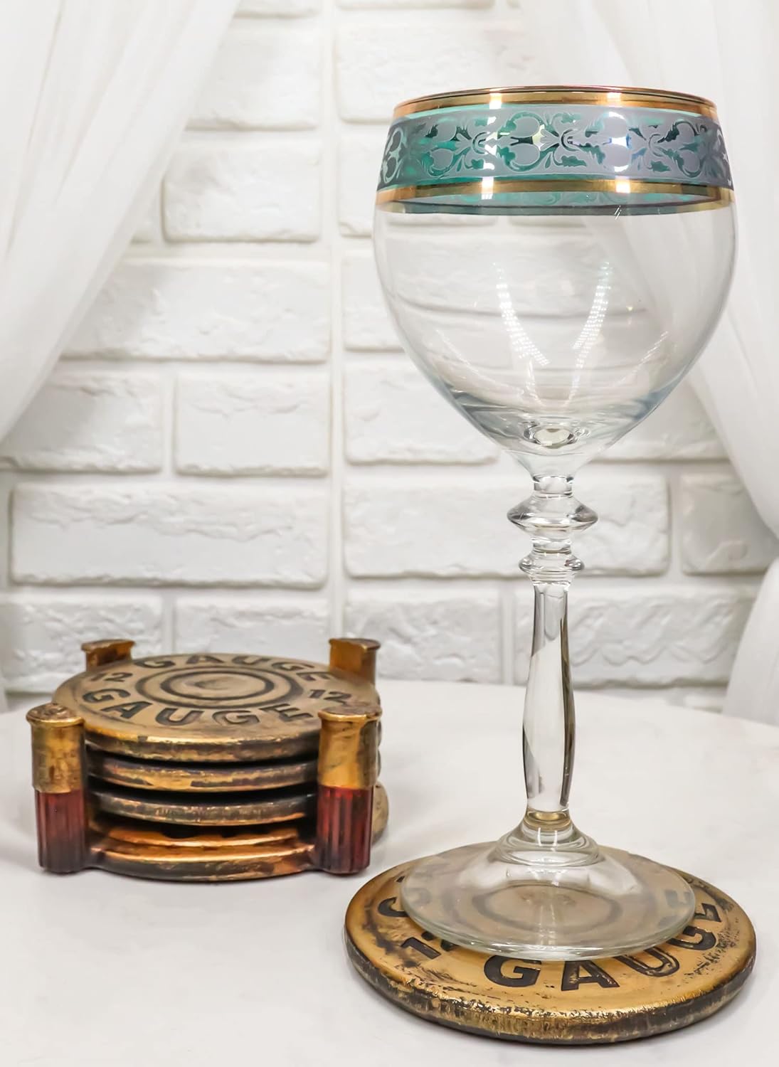 Ebros Gift Western 12 Gauge Golden Bullet Shells Round Coaster Set with 4 Coasters and Sculptural Holder Decorative Figurine 5" Wide Rustic Country Furniture Protector Accent
