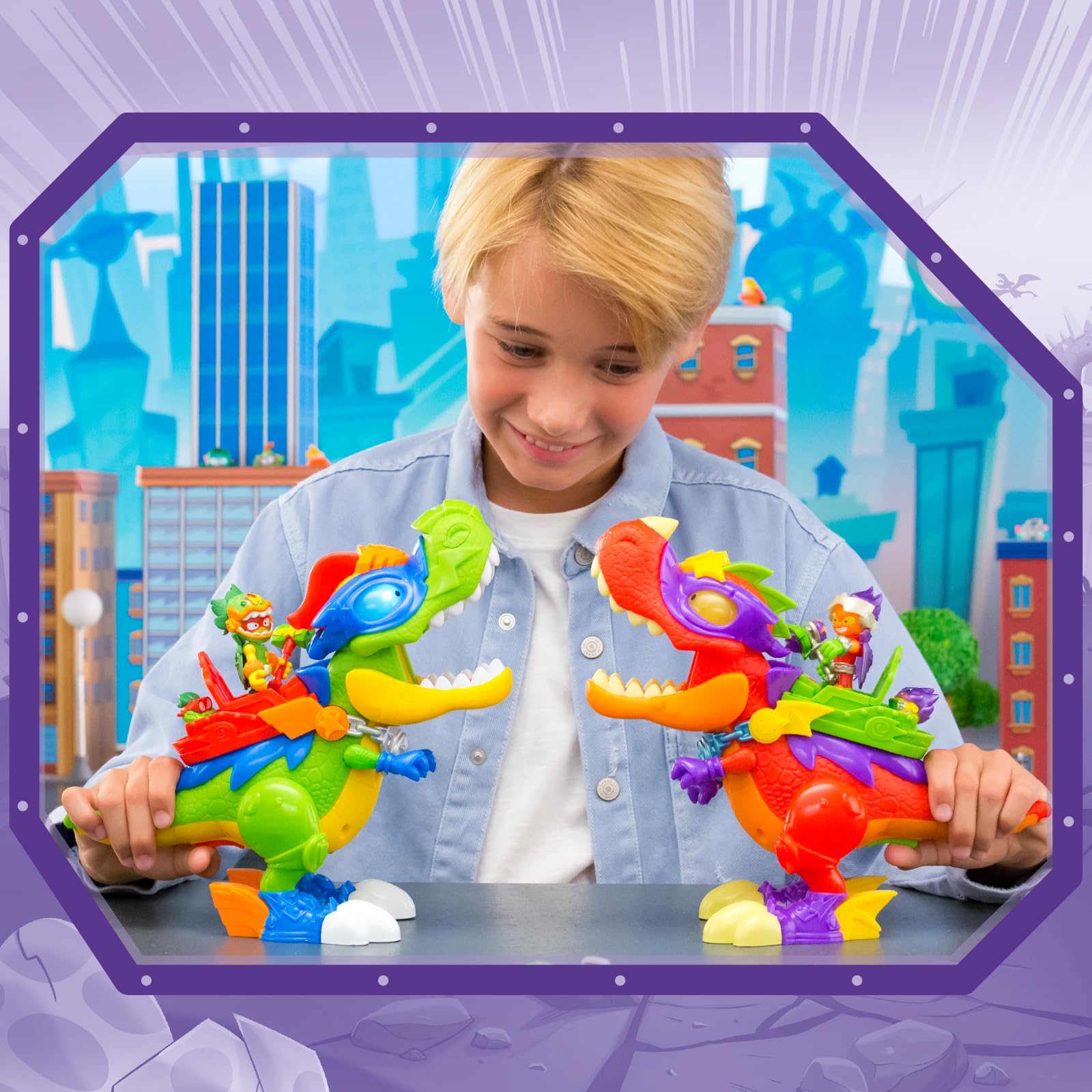SUPERTHINGS RIVALS OF KABOOM Superdino V-Rex, Dinosaurio articulado Villano con Efectos de luz y Sonido, 1 Kazoom Kid y 1 SuperThing