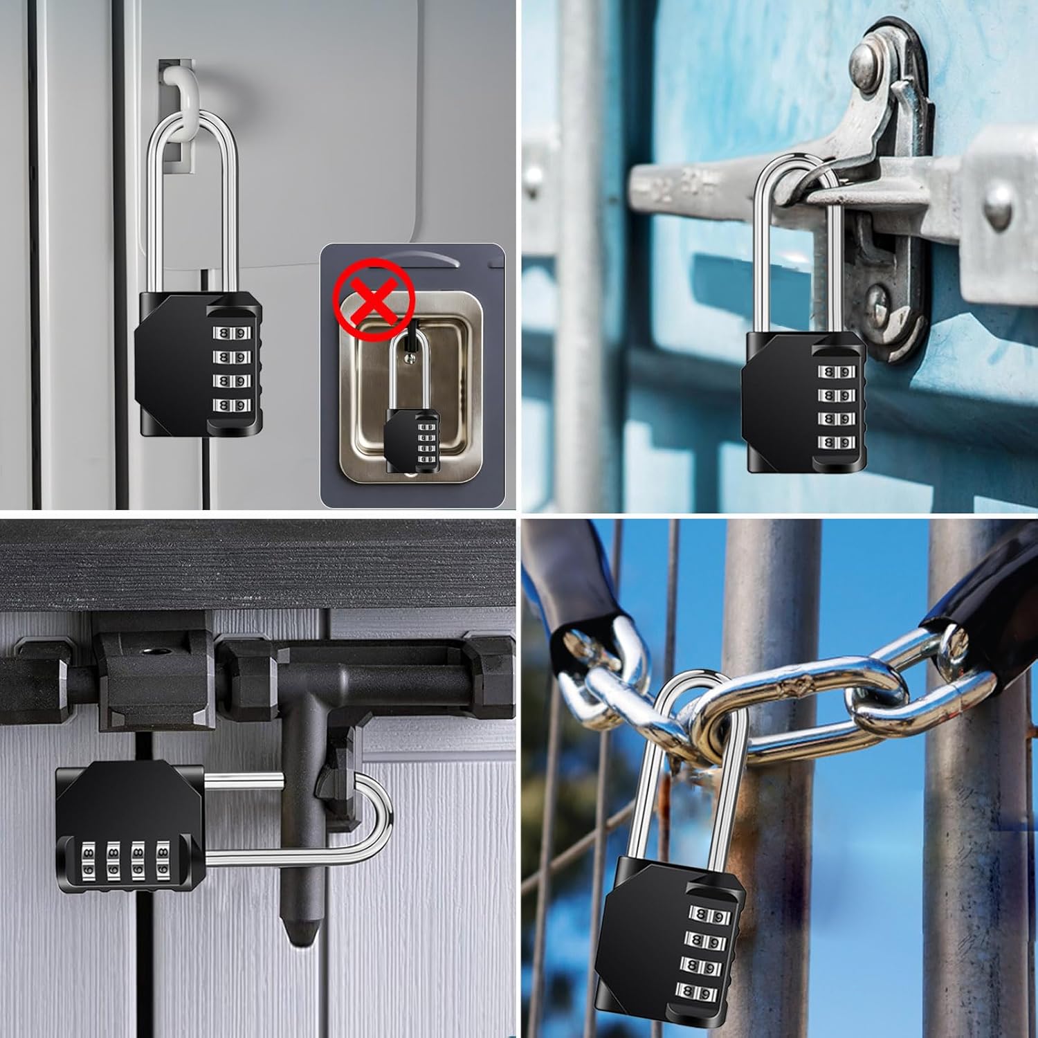 ZHEGE Long Shackle Padlock, 4.53" Overall Height, 2.62" Shackle Height, 4 Digit Combination Lock Outdoor for Fence Gate, Shed, Garage, Resettable Long Combo Lock for Gym & School Locker (Black)