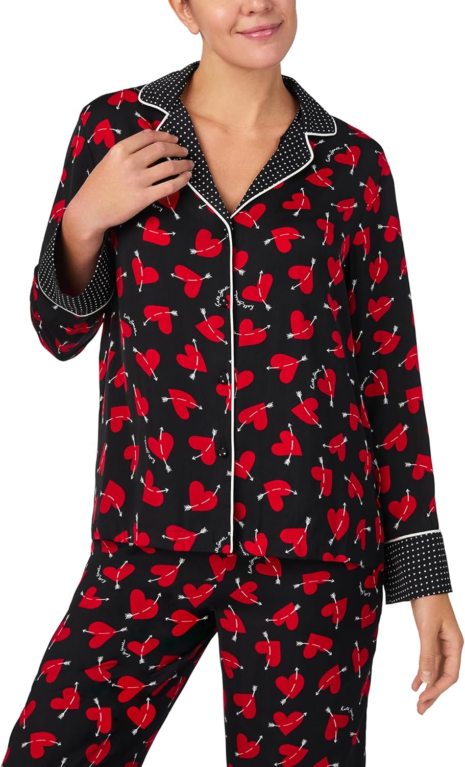 kate spade new york Women's 2-Piece Pajama Set, Notch Collar Long Sleeve Top & Pants, Contrast Cuffs, Silky Charmeuse - Image 2