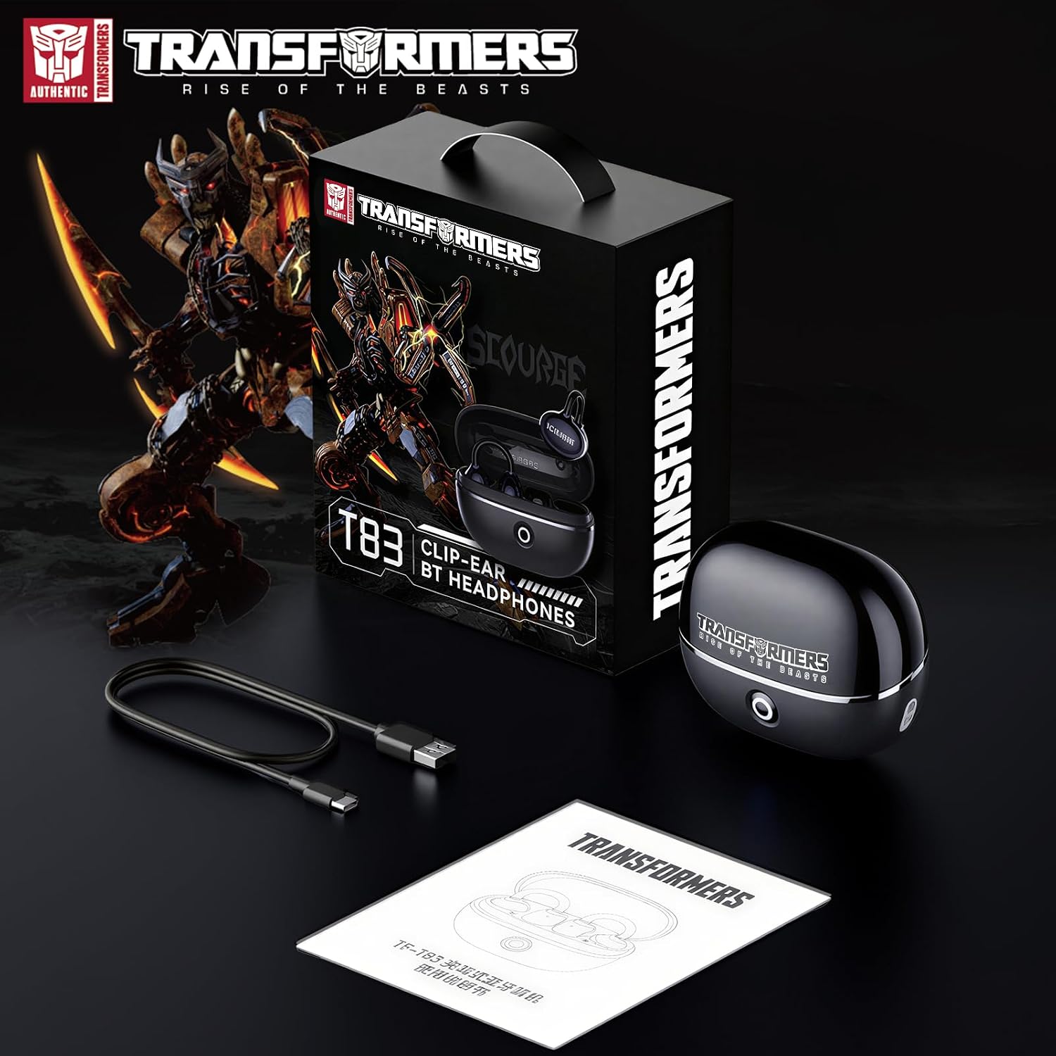 Transformers Clip on Earbuds, Open Clip-On Earphones Headphones Wireless Sport Earbuds, 70H Battery, 360° Immersive Audio Directional Sound, Deep Bass Clear Highs, Bluetooth 5.4 iOS/Android (Black)