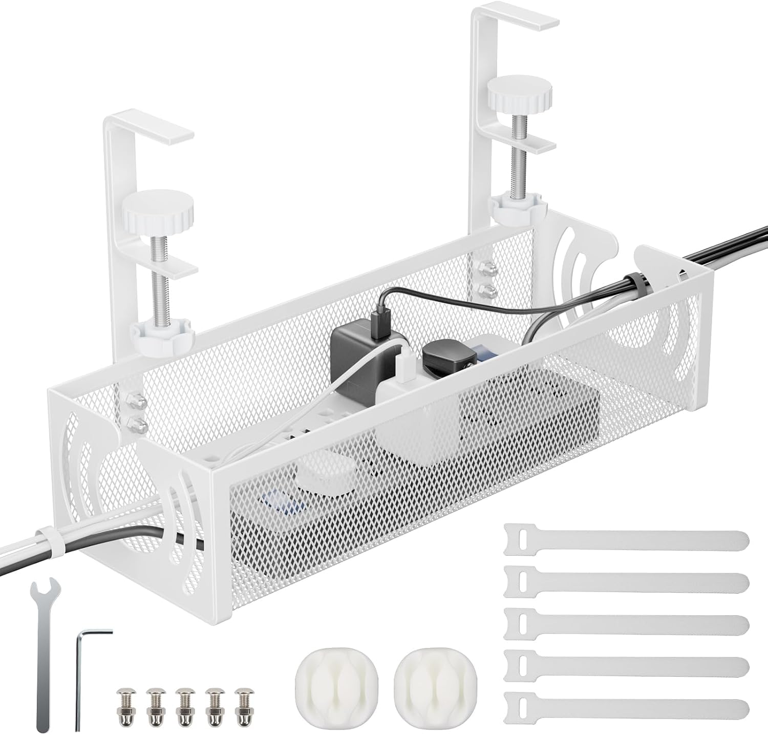 Cocoonkart Under Desk Cable Management Tray, Metal Mesh Wire Organiser with Clamp Mount, 38.9 x 12 x 19.6 cm, White (White)-image-42