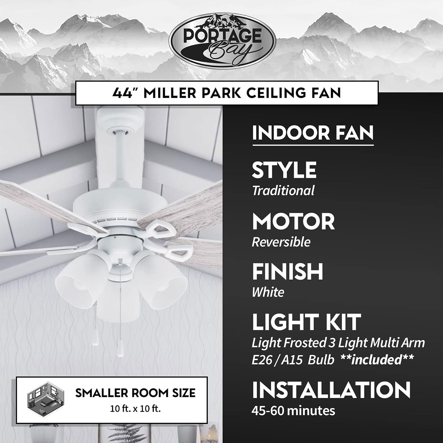 Portage Bay 51443 Ceiling 44" Miller Park White Indoor Fan Frosted 3 Light LED Multi Arm E26/A15 Bulb and Pull-Chains, Traditional Style, 5 Reversible Gray Oak/Walnut Blades, 514, Brushed Nickel