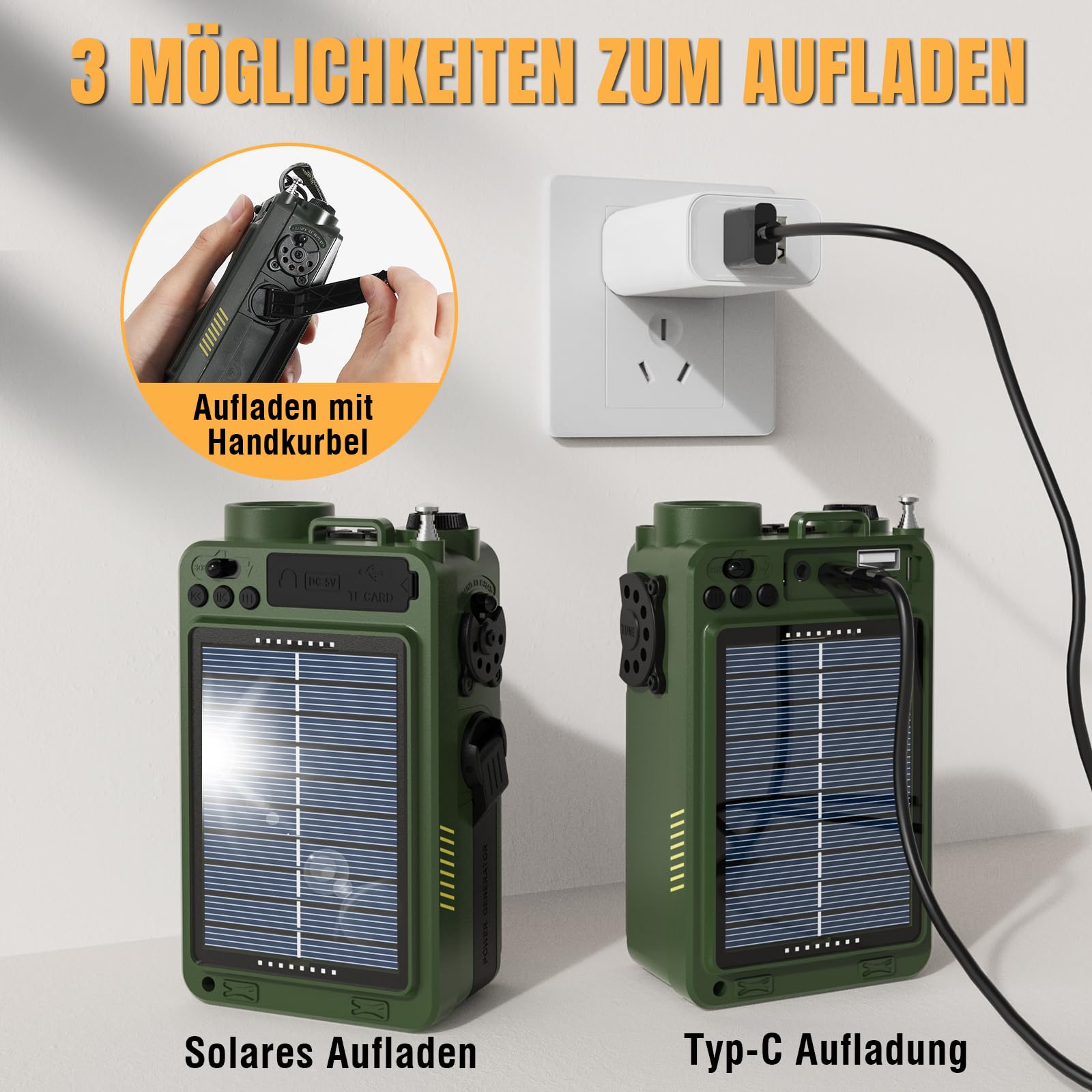Raddy RE40 Kurzwellenradio FM-AM-SW Empfänger, 4000mAh Retro Radio Batteriebetrieben BT Lautsprecher Kurbelradio, mit Weißem Rauschen, SOS, Unterstützung USB, Micro SD Karte