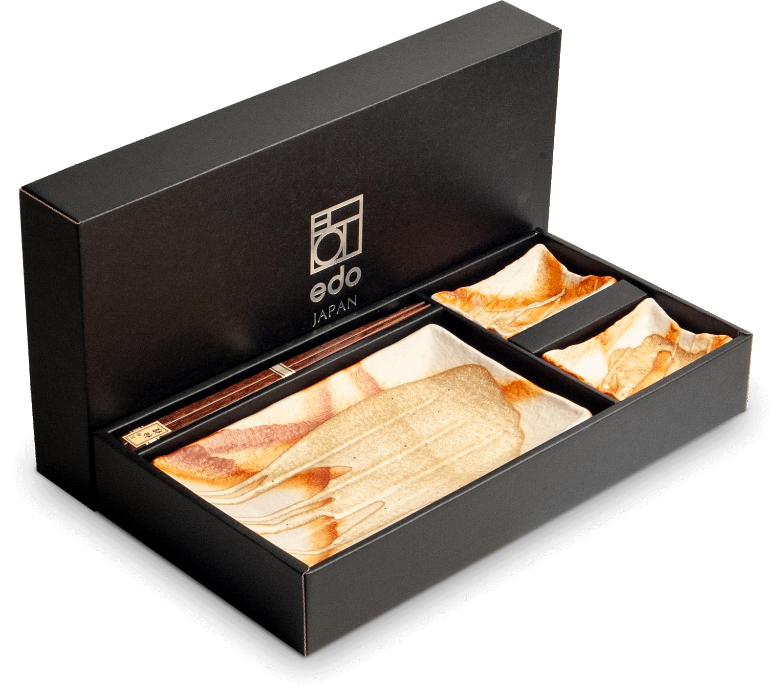 Juego de vajilla para sushi, 6 piezas, juego de sushi para 2 personas, platos de sushi, cuencos y palillos en diferentes diseños asiáticos, fabricado en Japón (bronce)