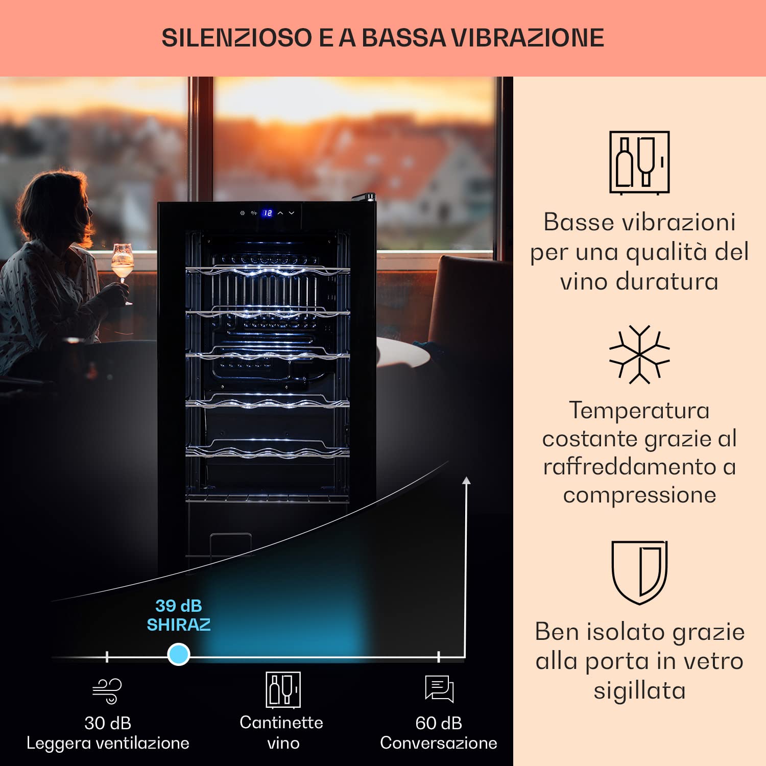 KLARSTEIN Cantinetta Vino Design, Cantinetta Vino Refrigerata a Zona Singola per Vino Rosso, Bianco e Birra, Controlli Touch, Frigo Vino Cantinetta per Esterno/Interno, 5-18°C, 74L, 28 Bottiglie