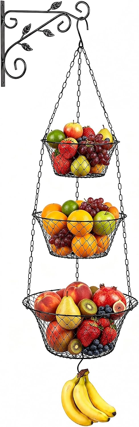 FANGSUN 3 Tier Hanging Fruit Basket for Kitchen with Wall-Mount Bracket