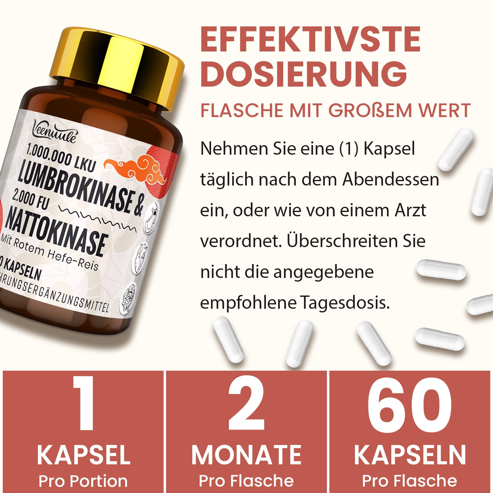 Lumbrokinase 100 mg Par Portion (1 000 000 LKU) avec Nattokinase 100 mg (2 000 FU), Sans OGM, Sans Gluten, 120 Gélules
