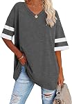 Famulily Women's Oversized Tshirt Color Block Basic Tops Striped Half Sleeve Tunic Blouse S-XXL