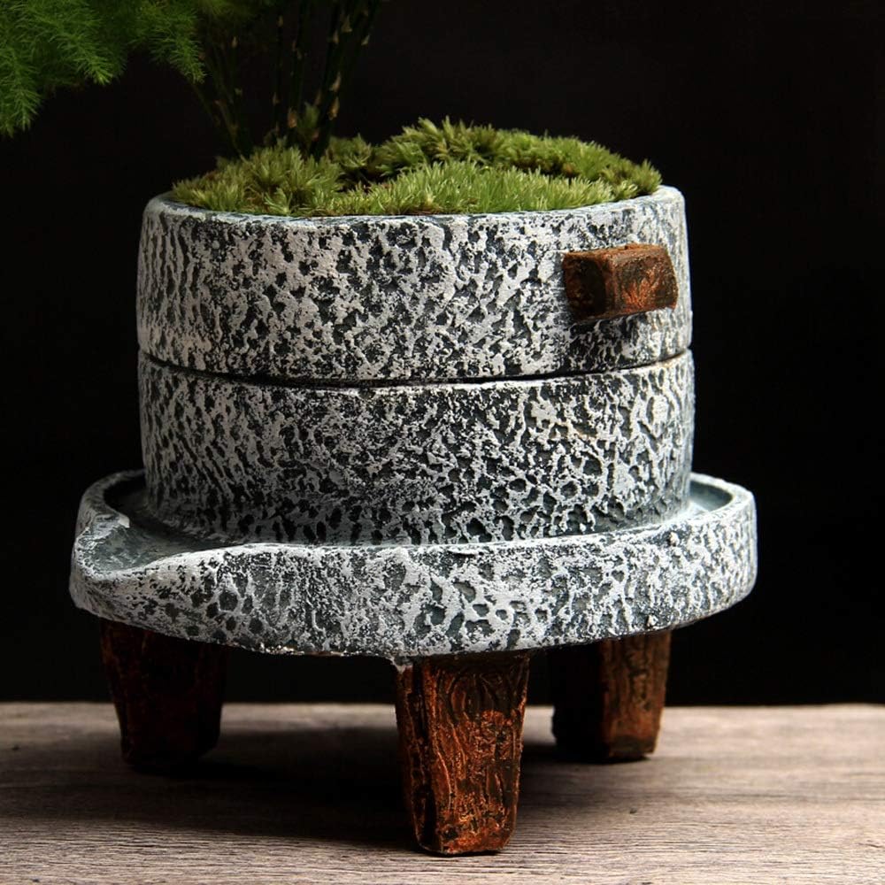 Vstylife Gardening Small Stone Mill Creative Cement Flower Pot Asparagus Green Plant Potted Plant Flower Stand Household Indoor Retro Succulent Plants Container