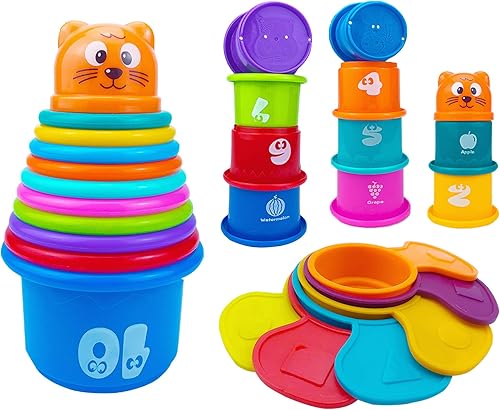 Miniatura 1 de Juego de 17 tazas de anidación y apilamiento multicolor, juguetes de bañera para bebés, juguetes educativos de aprendizaje temprano para bebés,