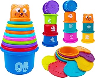 Ella Dream 17 PCs Multicolor Nesting and Stacking Cups Set, Baby Bathtub Toys, Early Learning Educational Toys for Infants, Toddlers, Stacking Cups with The Numbers, Shapes, Fruits, Animals Patten