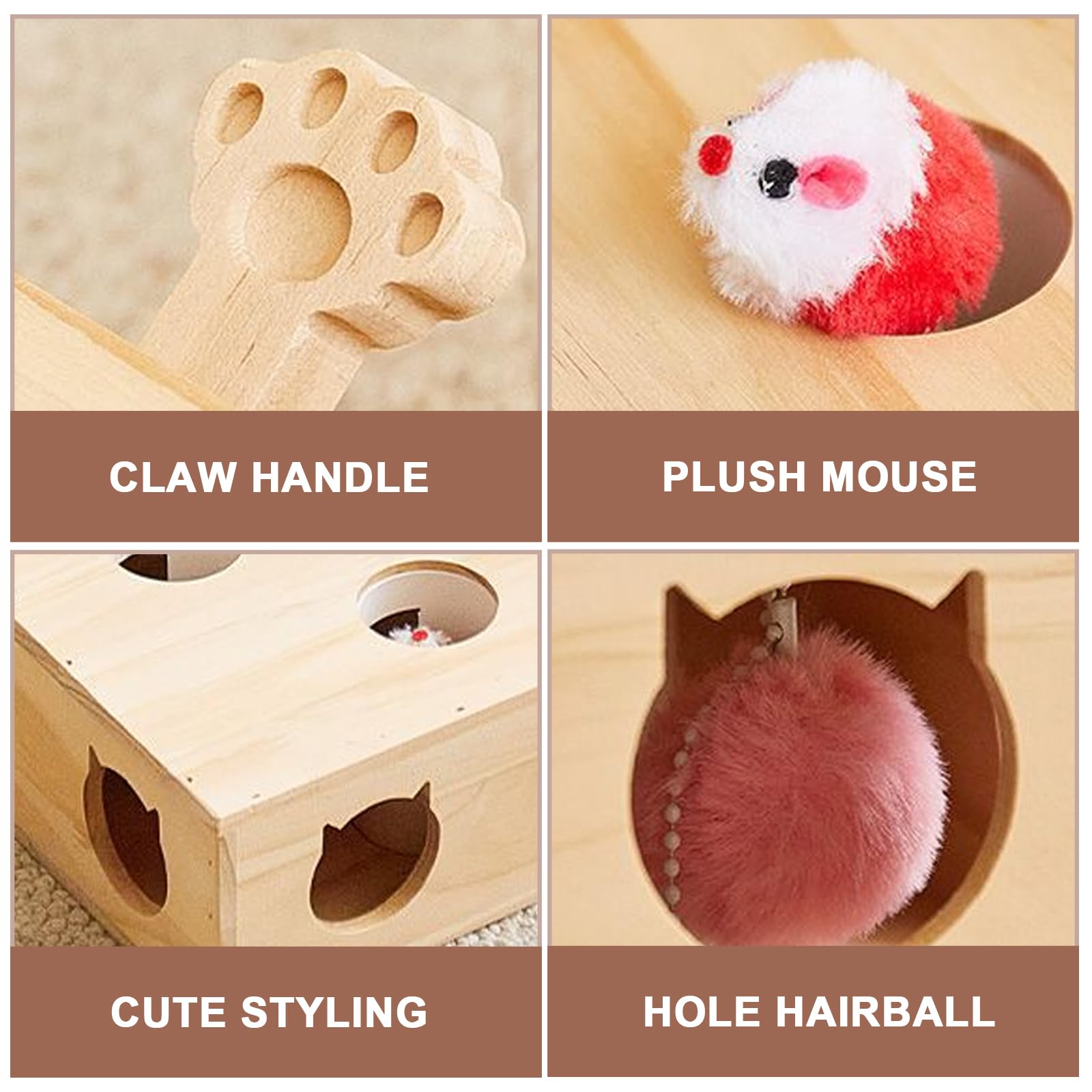 Juguete interactivo para gatos, 5 agujeros, ratones, un topo de ratón, juguete de madera para gatos, caza, juego, entrenamiento para rascarse (color madera)