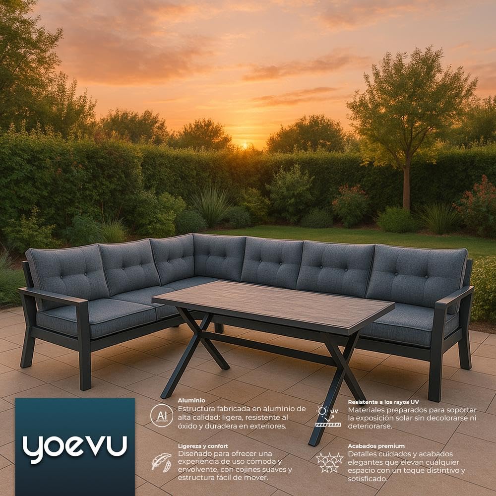 YOEVU - Conjunto de Jardín 7 Plazas | Aluminio Resistente al Óxido | Sofá Esquinero Modular | Cojines Desenfundables | Mesa Amplia y Funcional, Extra Grande (Gris)