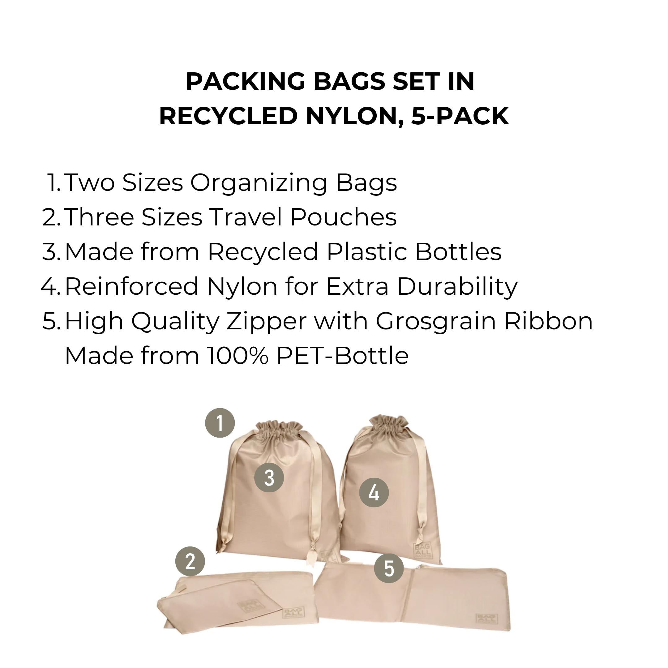 Bag-all Packing Cubes Zestaw z nylonu pochodzącego z recyklingu – 5-częściowy zestaw organizerów podróżnych, worki kompresyjne i torby na walizki i szafy na ubrania, sortowanie ubrań, bielizny i