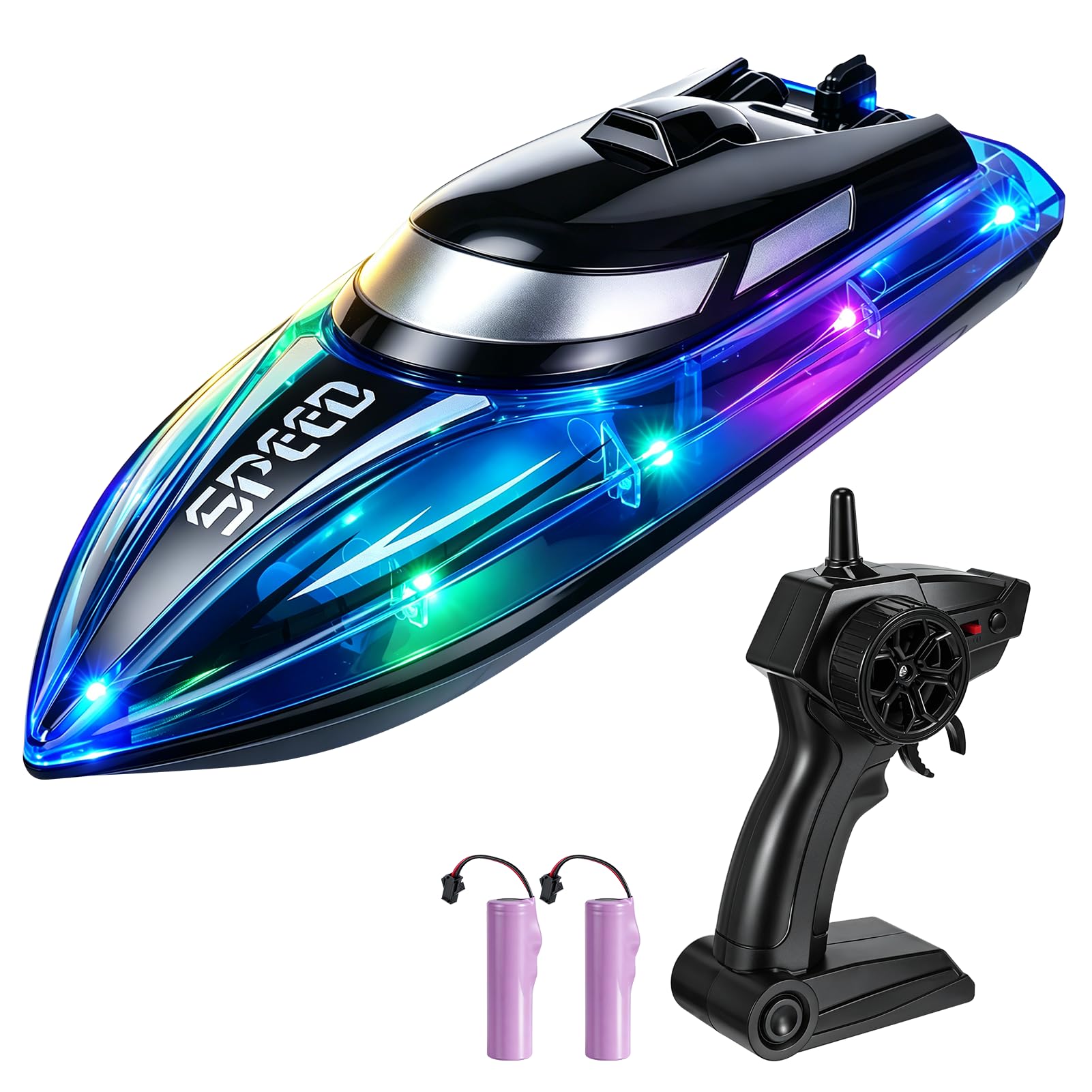 Lomffy Remote Control Boat with LED Light, RC Boat with 1500mAh Rechargeable Battery 2.4GHz Fast RC Speed Boat with Double Propellers Racing Boats for Pools and Lakes Gifts for Boys Girls, 2 Batteries