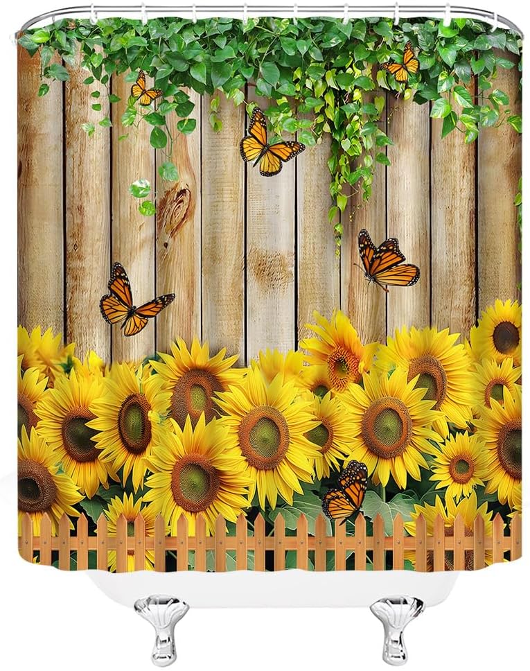 AMFD Sunflower Shower Curtain Rustic Farmhouse Yellow Flower Butterfly Country Wooden Plank Green Leaves Spring Flower Bathroom Curtains Decor Polyester Fabric Include Hooks,(70" Wx74.8 H)