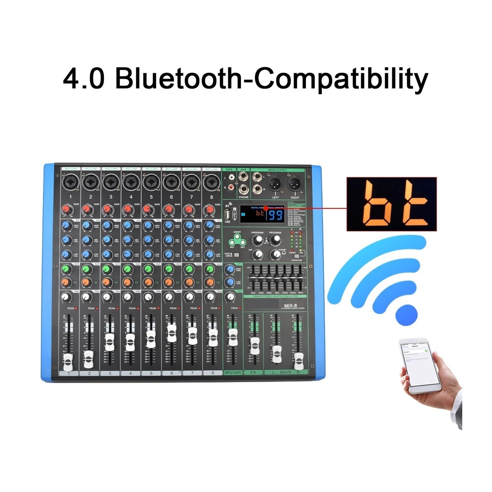 Mixer audio, 8 CH Stereo Mixing Console USB PC Play Registrazione Suono Audio Mixer 7 Band EQ Dj Controller Tavolo for KTV
