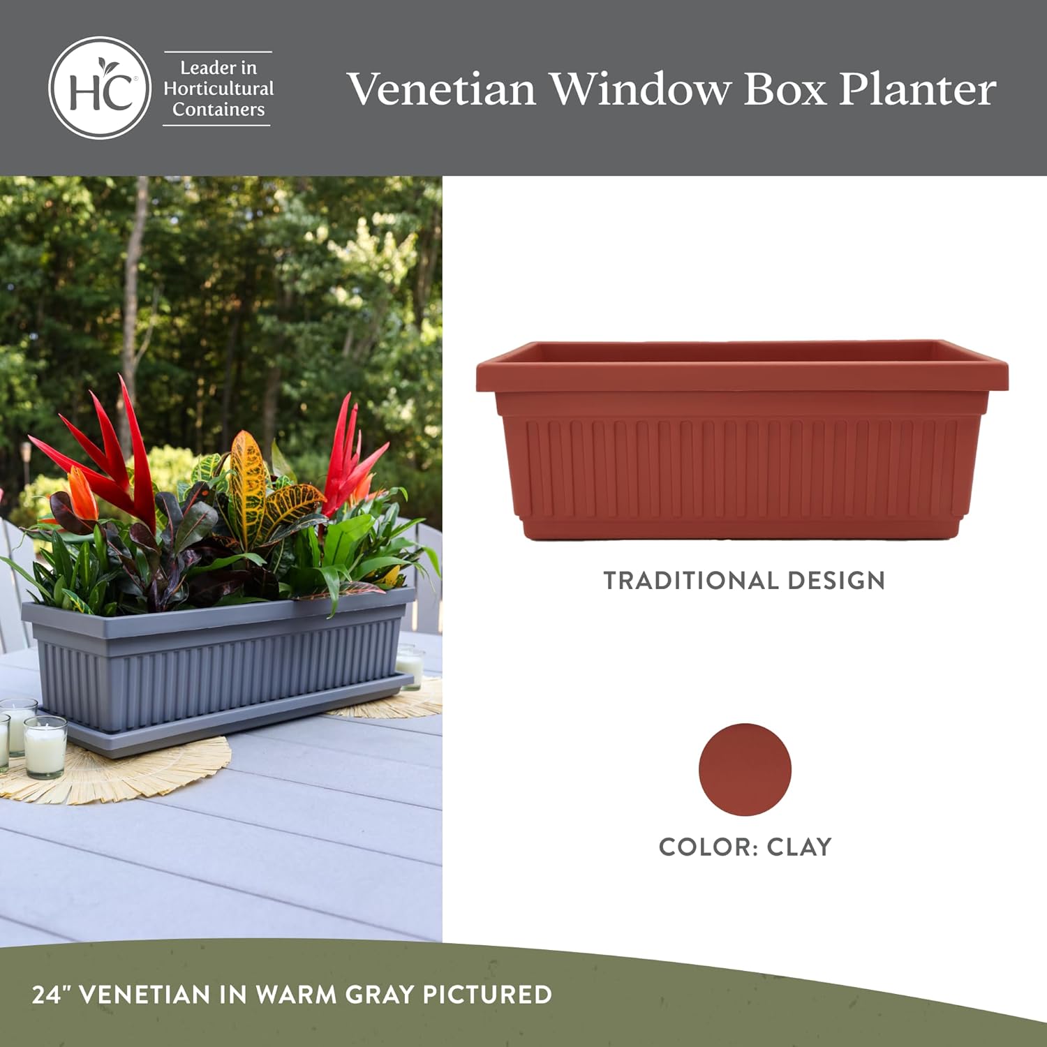 The HC Companies 18 Inch Venetian Window Planter Box with Drainage Plug, Lightweight UV-Resistant Plastic Indoor & Outdoor Planters, 2-Pack Flower Box for Garden & Home Decor, Clay