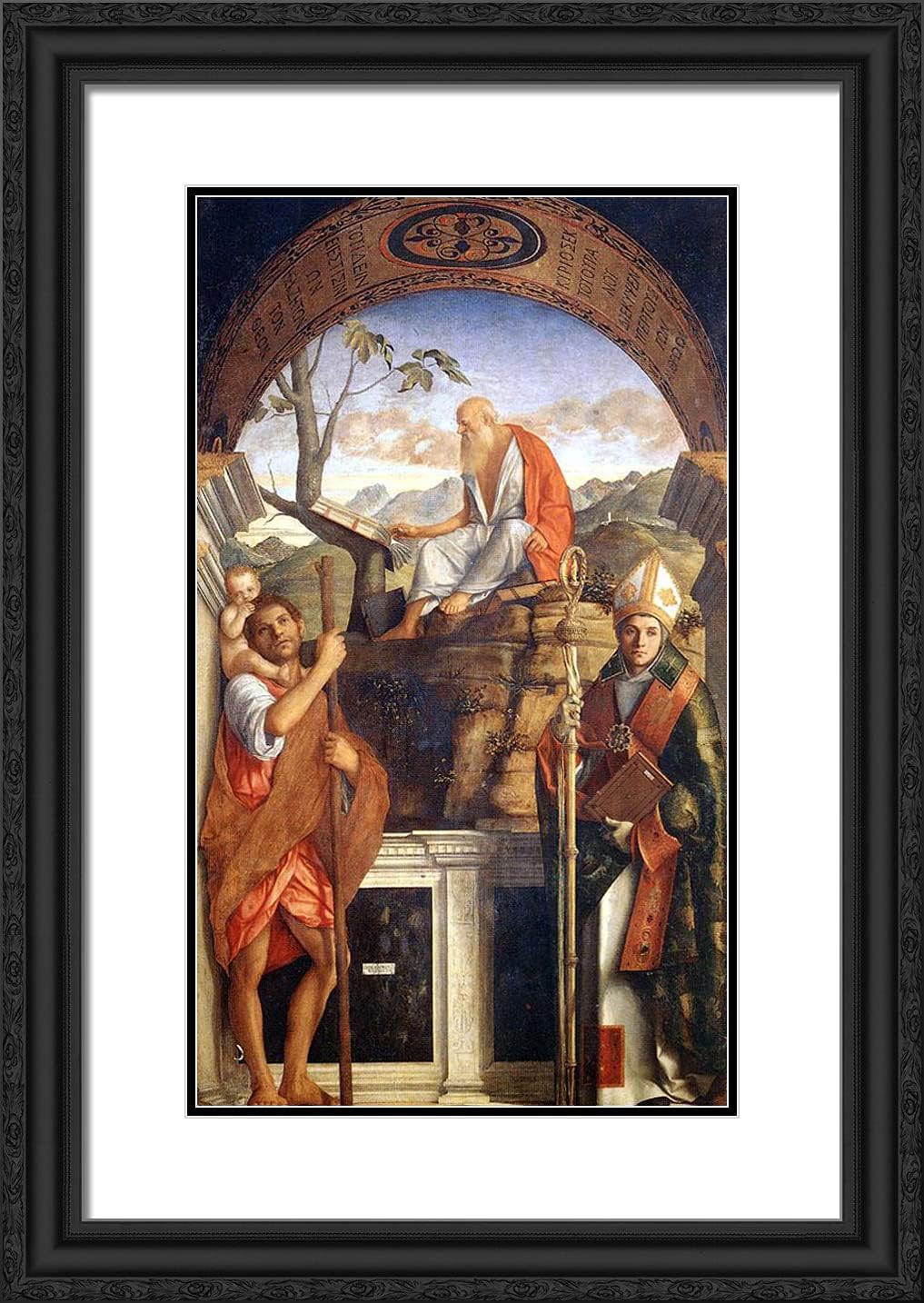 ArtDirect Bellini, Giovanni 18x24 Black Ornate Framed Art Print with Double Matting Titled: Saint Christopher Jerome and Ludwig of Toulouse