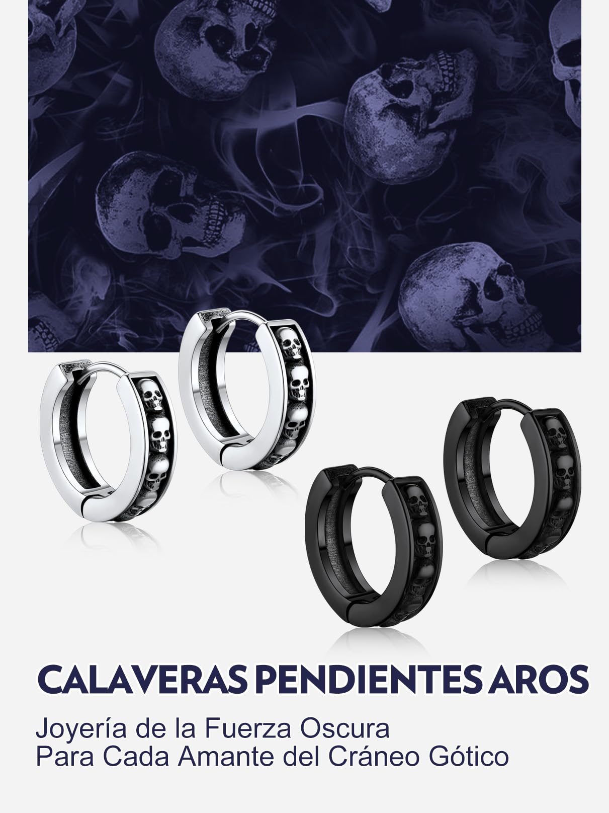 Bandmax Pendientes Aros Calaveras Cráneos Estilo Gótico, Piercings Oreja Skeleton Skull Pendientes de Acero Quirúrgico, Joyero Incluido