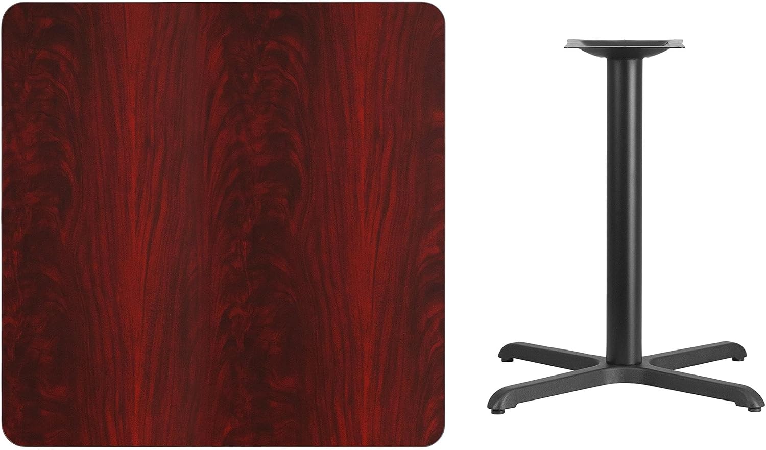 BOWERY HILL 36" Square Restaurant Dining Table, Mahogany Laminate Top, Black T-Mold Edging, Cast Iron Base, Durable Commercial Use, 31.125" Height, 36" x 36" Dimensions