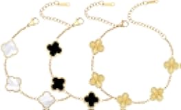 (Sturdy Version) 18K Gold Plated Bracelets for Women Men (Double Sided) Four Leaf Clover Cute Trendy Lucky Braclet (Adjustable) Fit Wrist Within 8 Inch, Gold White Black Green Blue Red Pink