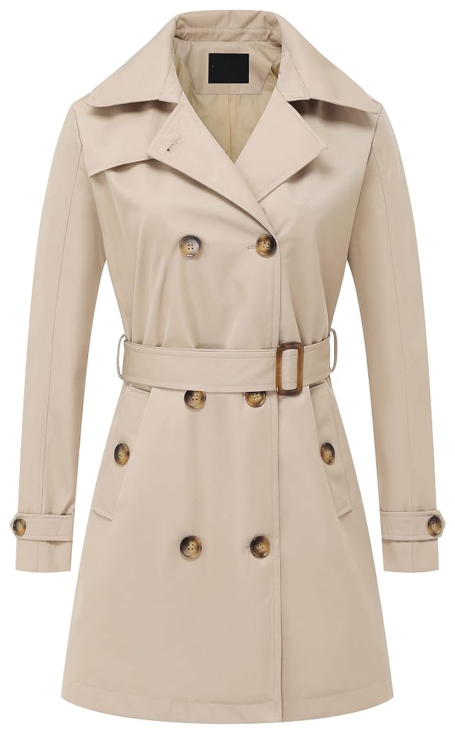Chrisuno Womens Double Breasted Trench Coats Mid-Length Belted Overcoat Long Dress Jacket with Detachable Hood